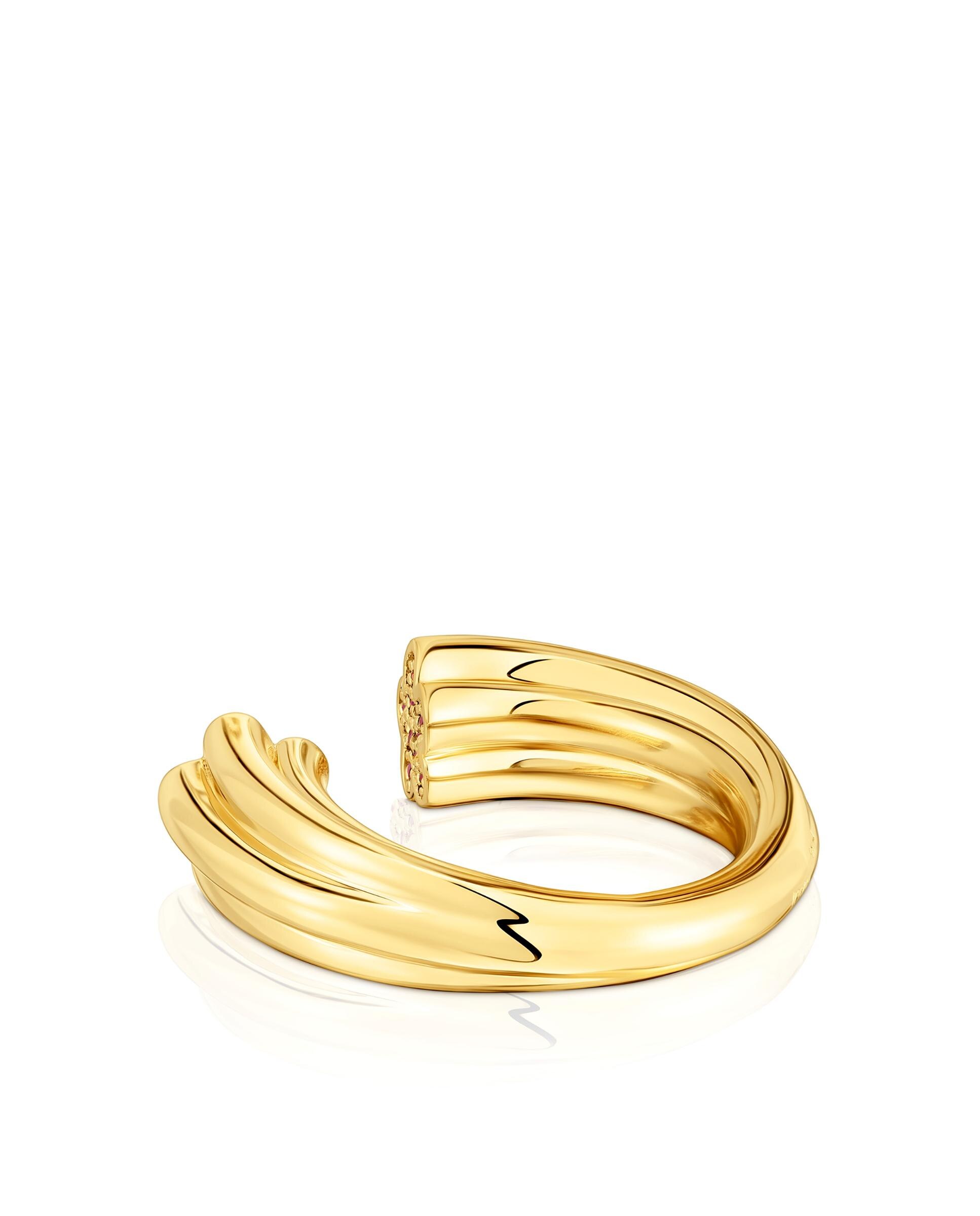 Anel TOUS 1950 Aberto Banhado em Ouro 18 kt sobre Prata com Flor e Rodolitas Vermelho-2