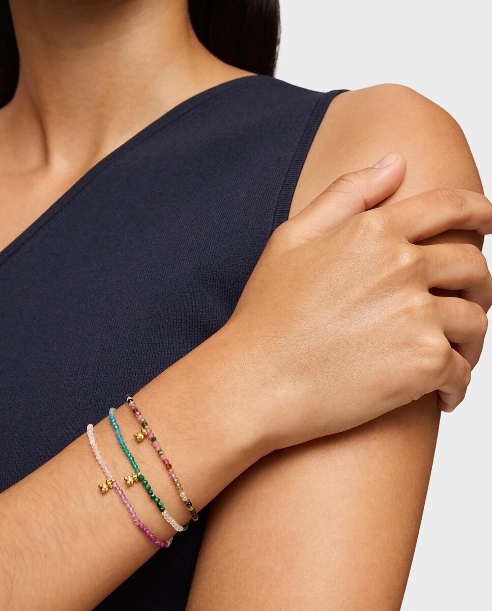 Pulseira Bold Bear Elástica Banhada a Ouro 18 Kt Sobre Prata com Pedras Verdes Verde-5