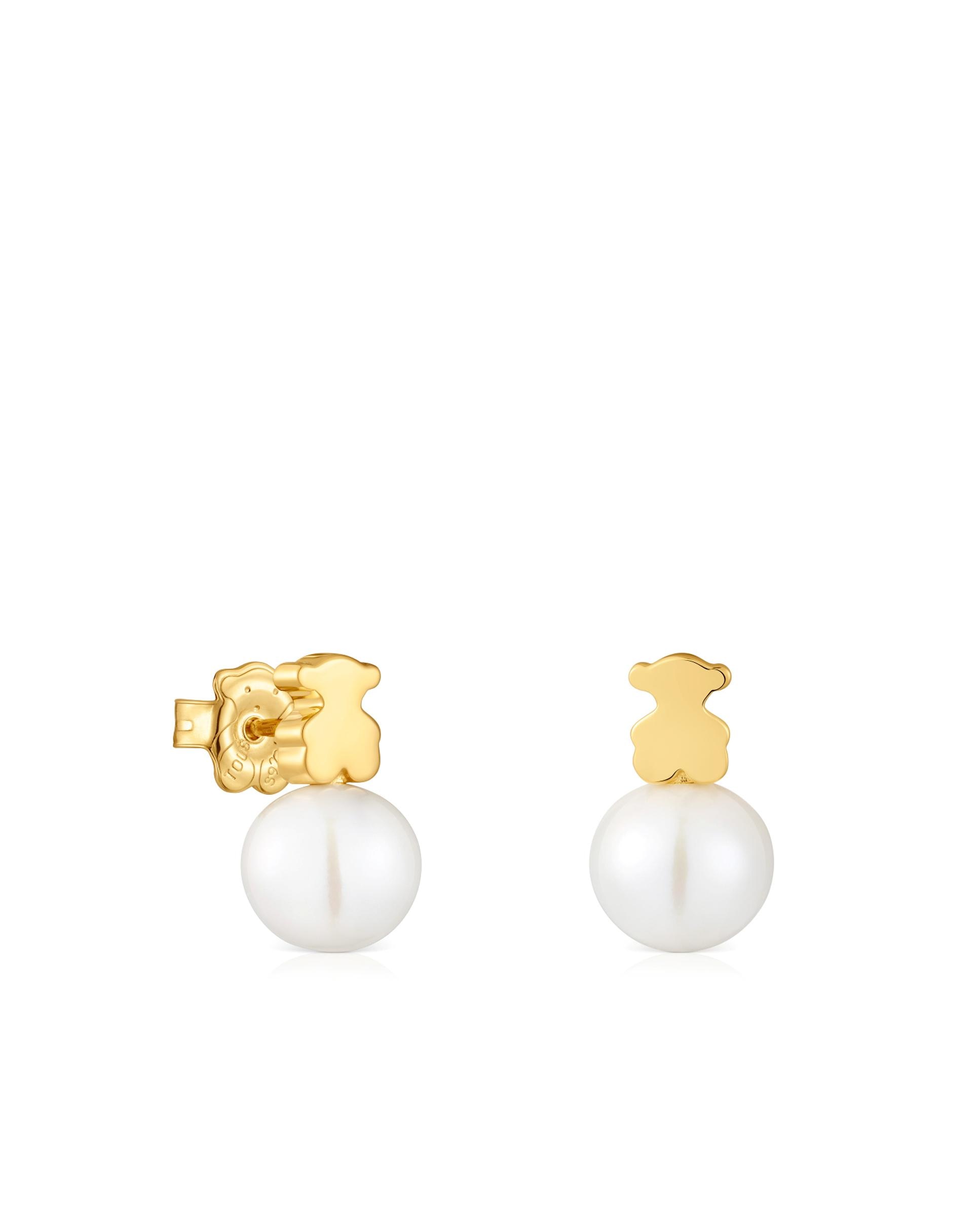 Brincos Sweet Dolls Urso Banhados em Ouro 18 kt sobre Prata com Pérola Branco-1