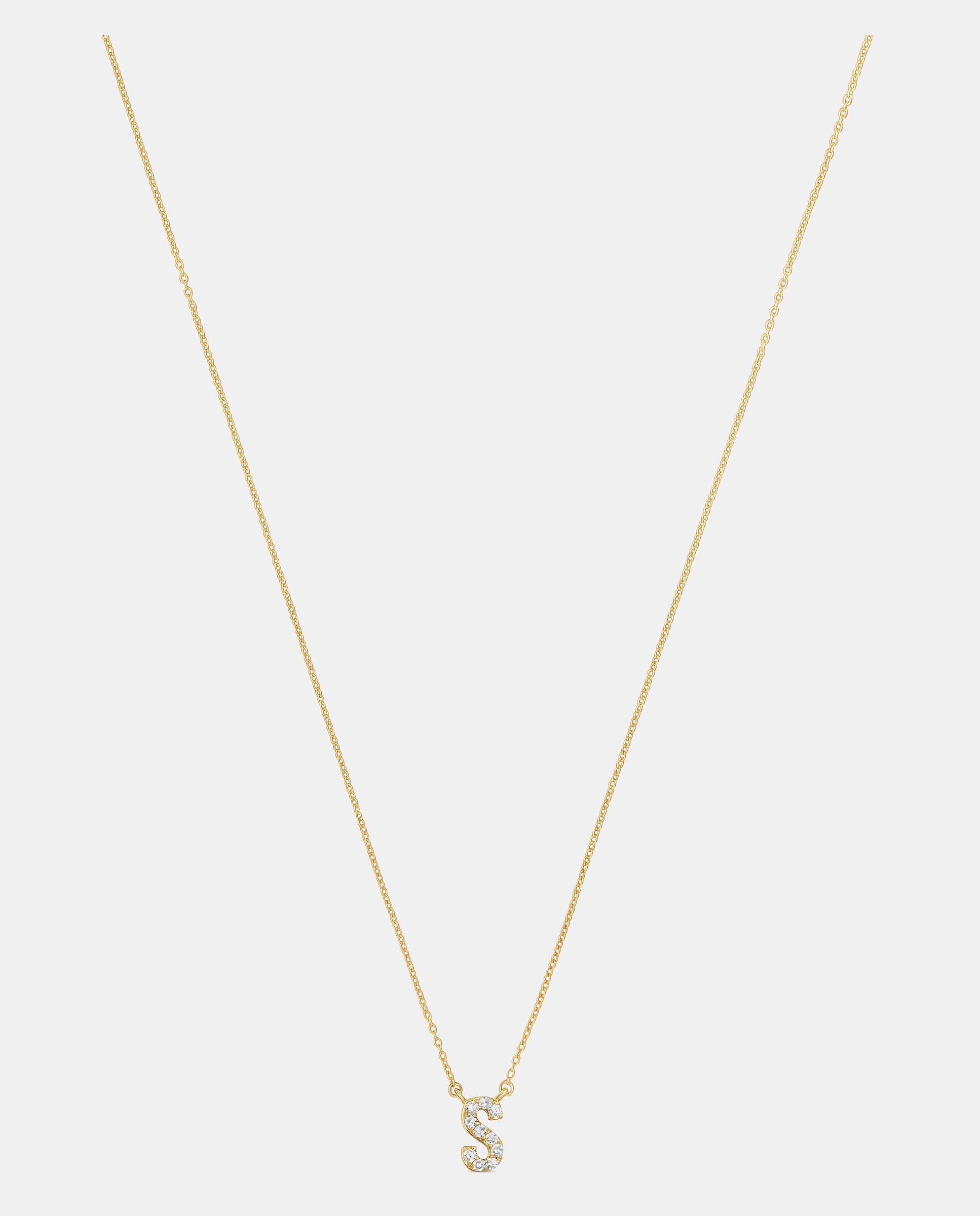 Colar Alphabet Curto de Ouro e Diamantes Letra S Branco-3