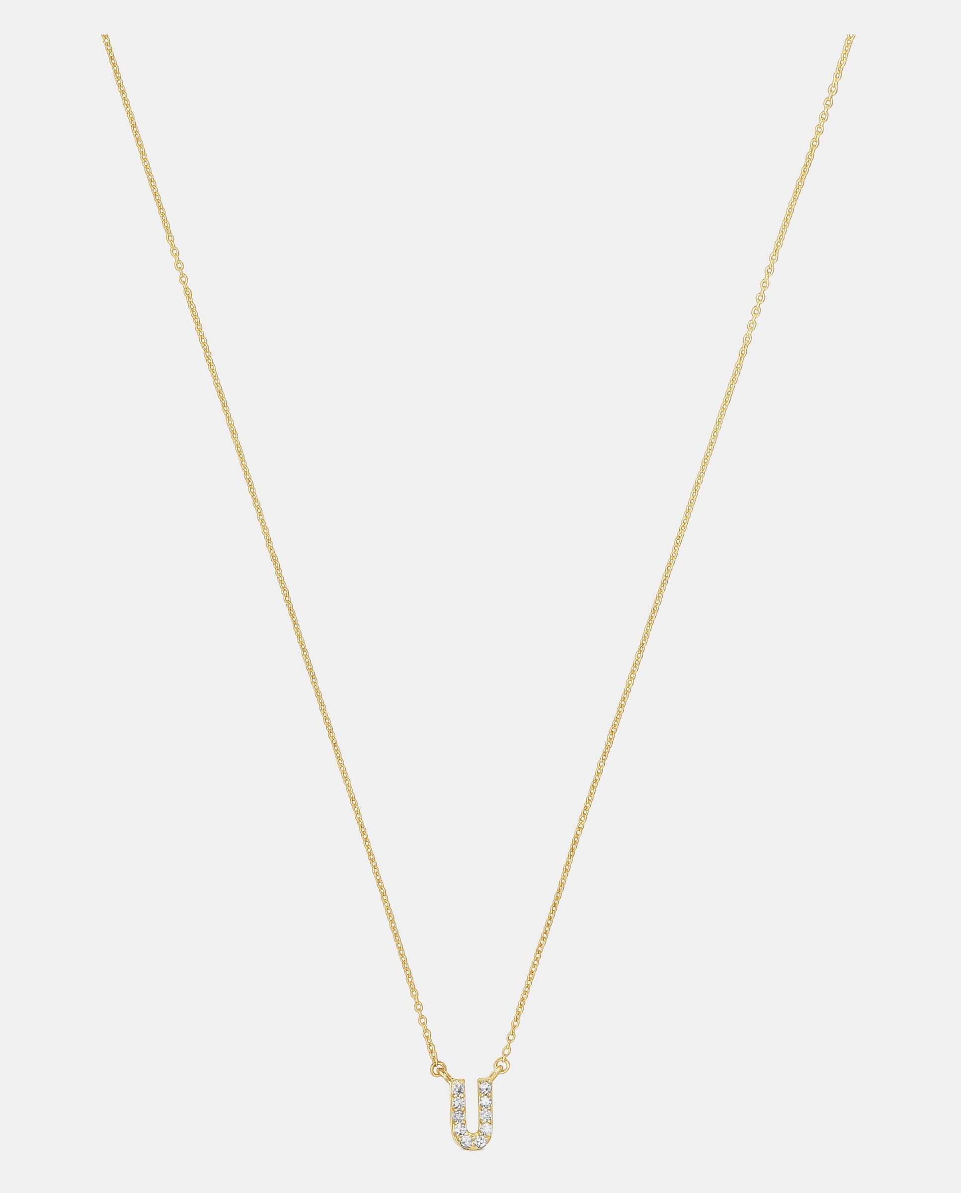 Colar Alphabet Curto de Ouro e Diamantes Letra U Branco-3