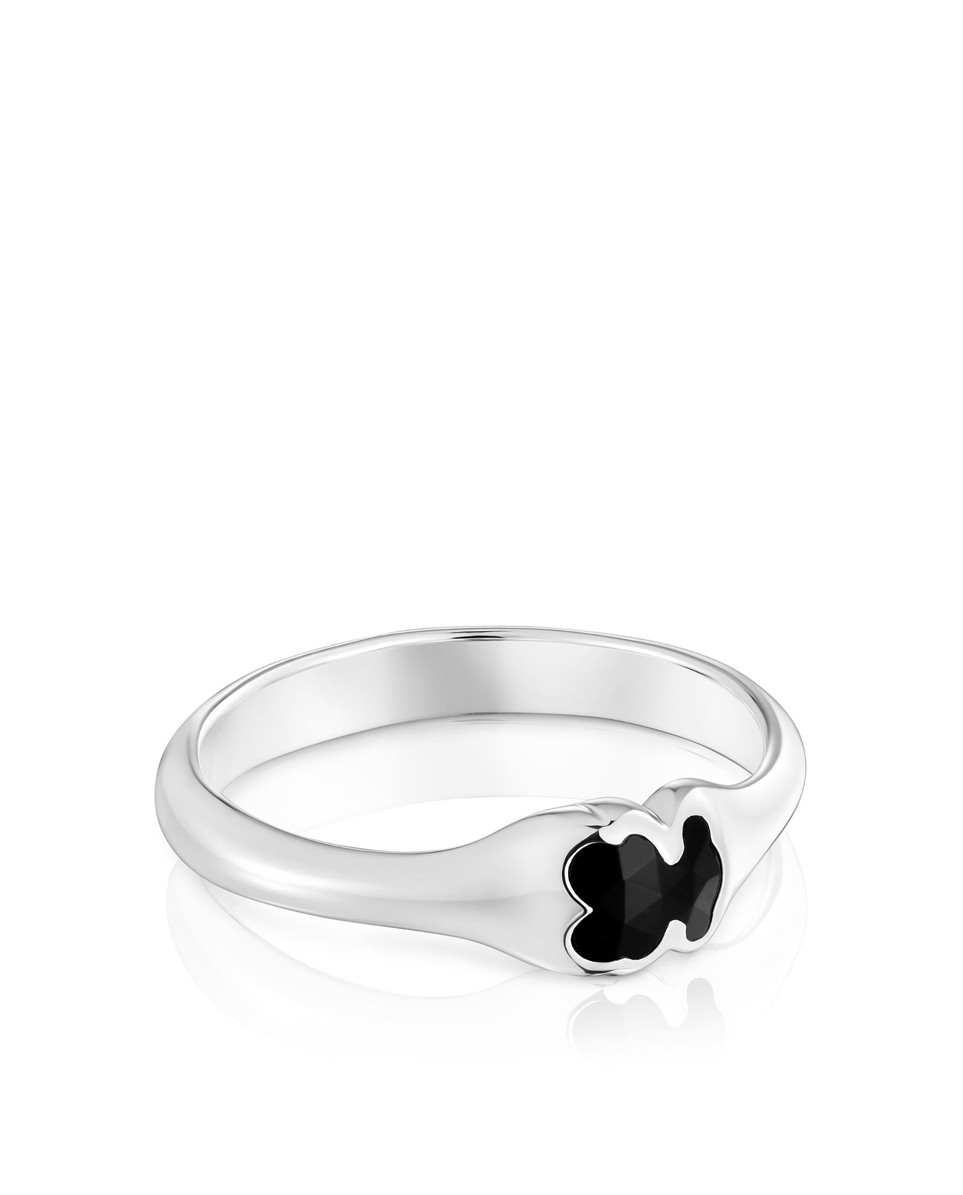 Anel Pequeno de Prata com Urso em Onyx Preto-1