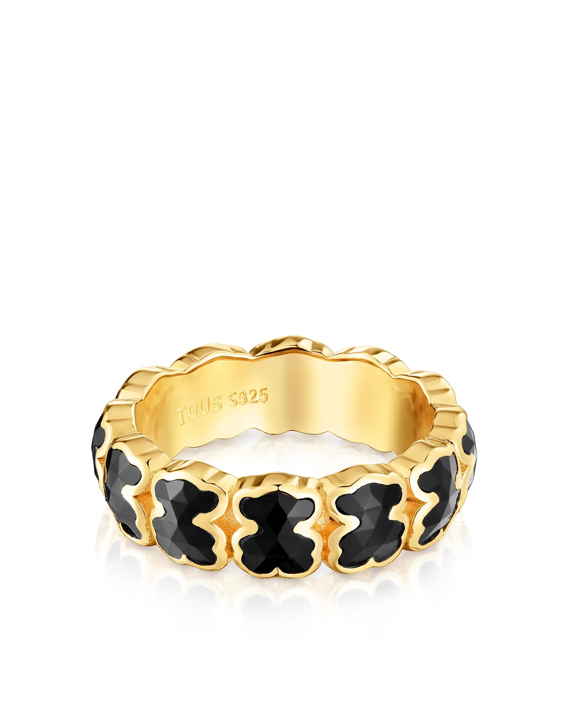 Anel Icon Color Médio Banhado em Ouro 18 Kt Sobre Prata com Ursos em Ónix Preto-1