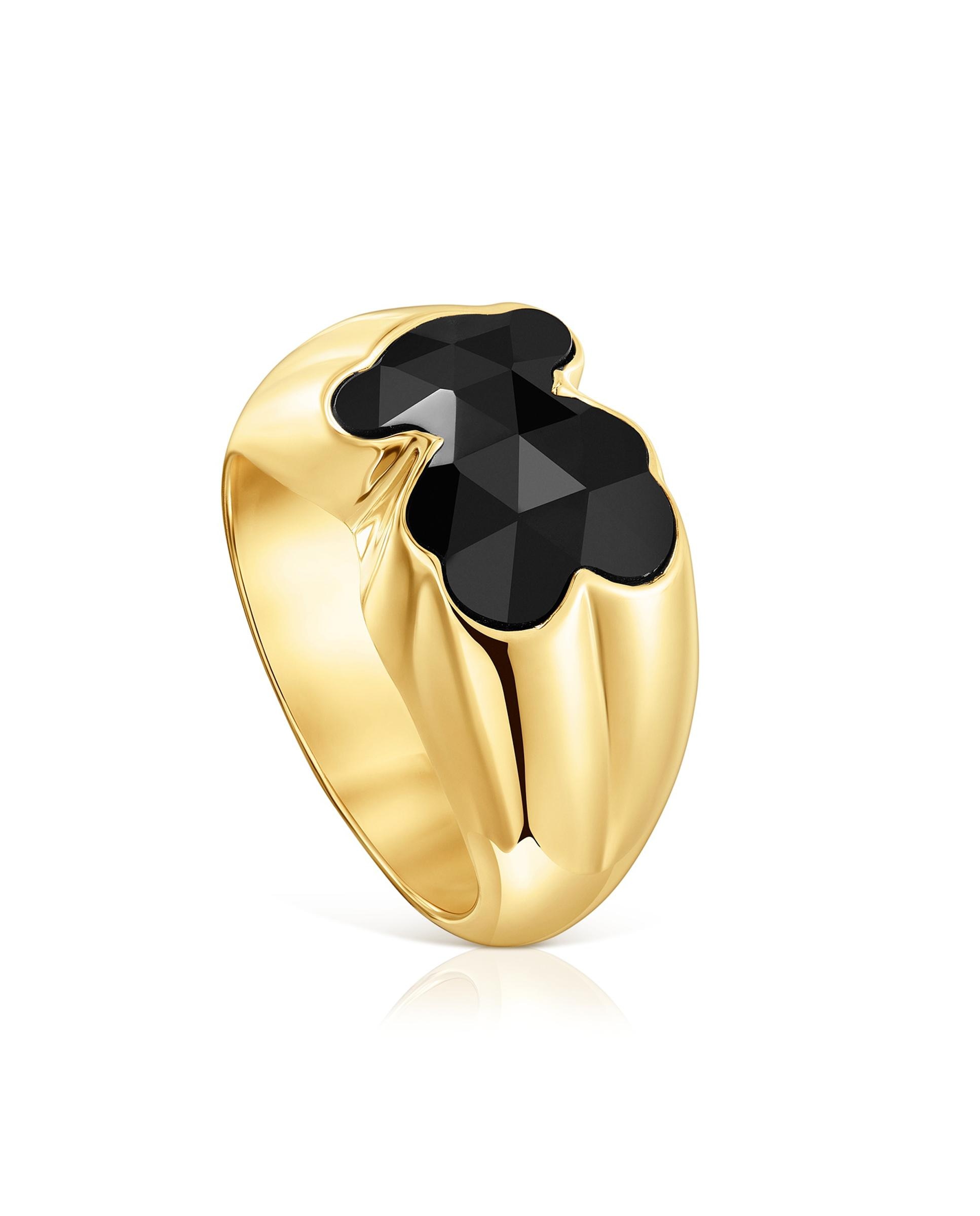 Anel Icon Color Médio Banhado em Ouro 18 Kt Sobre Prata com Urso em Onix Preto-1