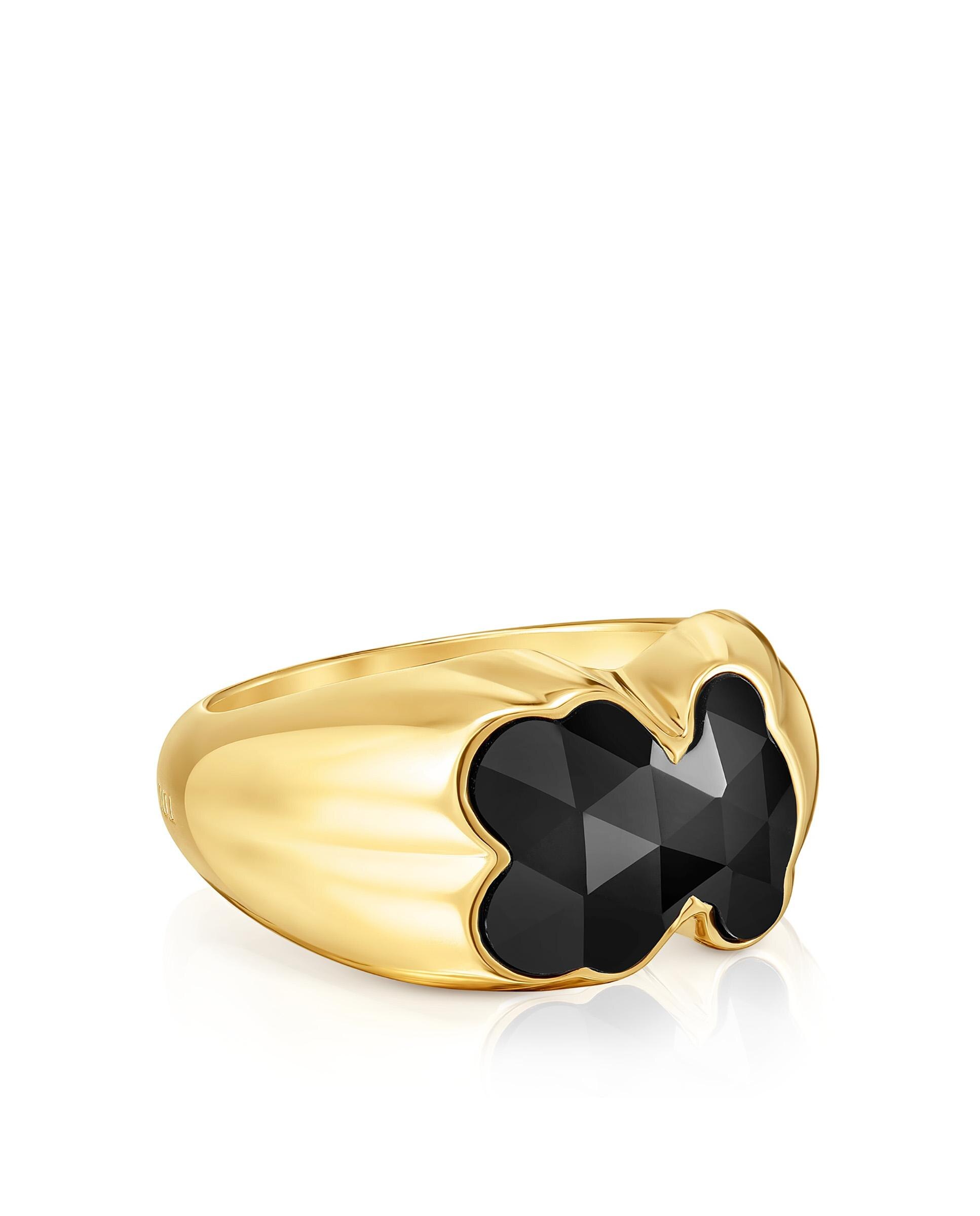 Anel Icon Color Médio Banhado em Ouro 18 Kt Sobre Prata com Urso em Onix Preto-2
