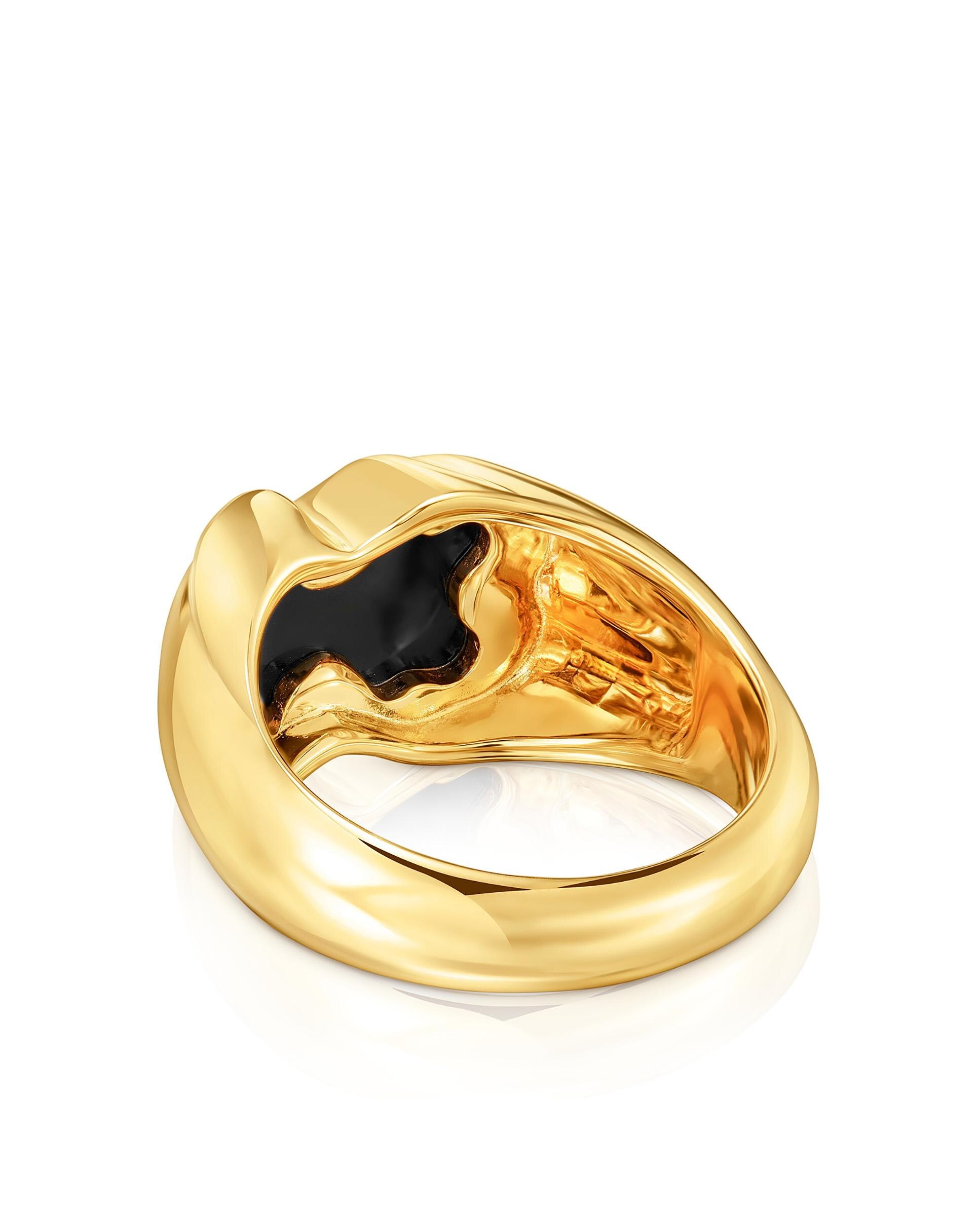 Anel Icon Color Médio Banhado em Ouro 18 Kt Sobre Prata com Urso em Onix Preto-3