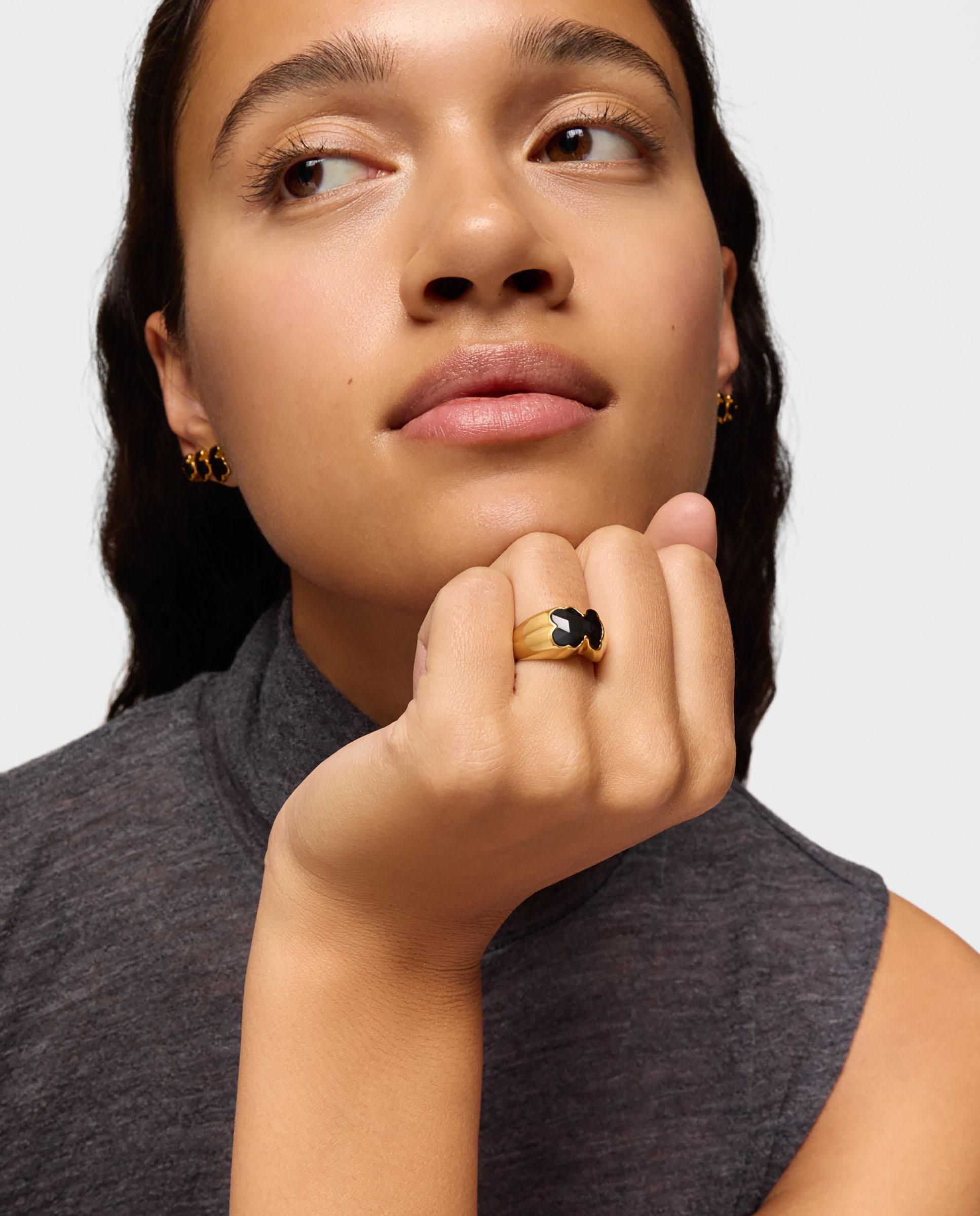 Anel Icon Color Médio Banhado em Ouro 18 Kt Sobre Prata com Urso em Onix Preto-4
