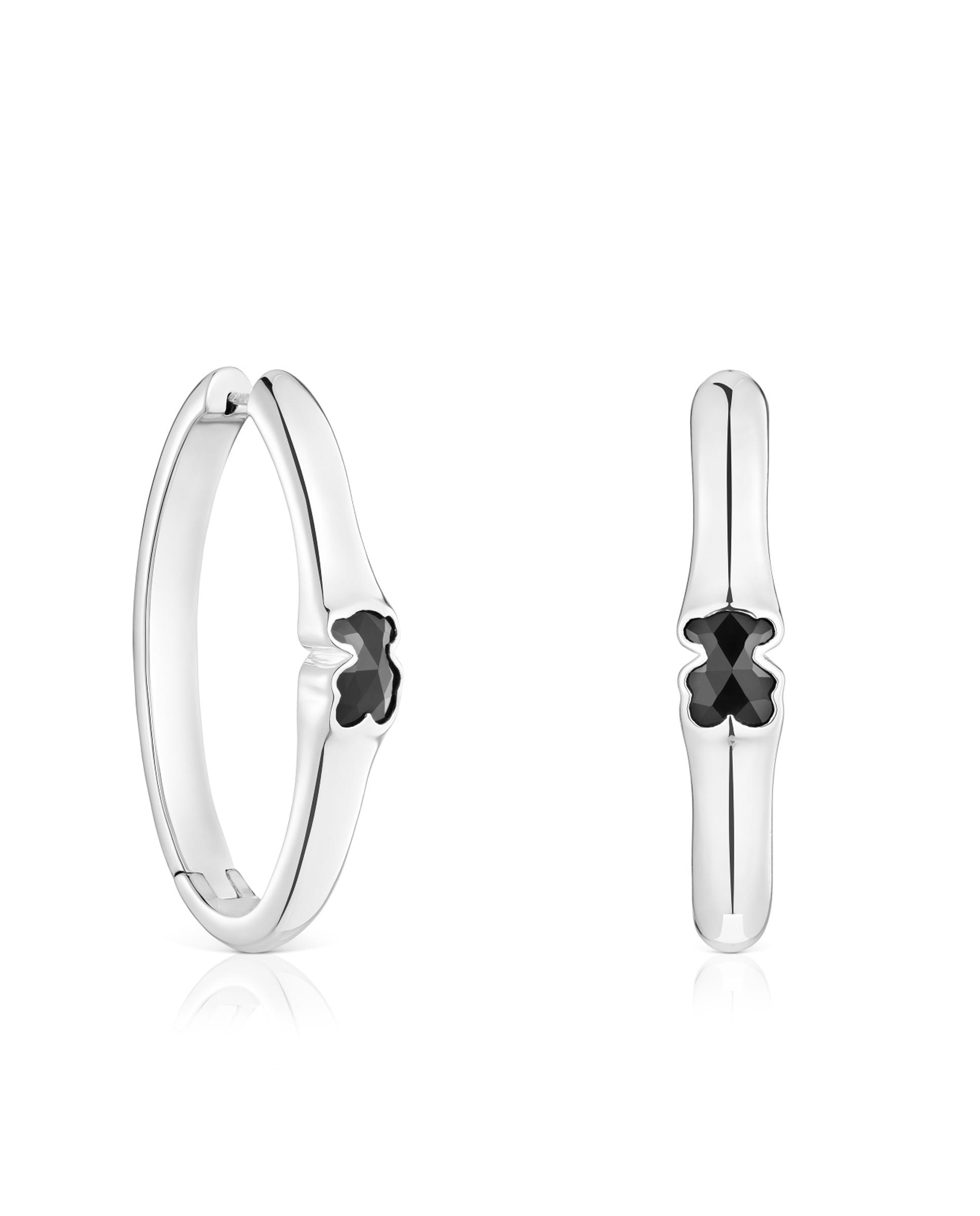 Brincos de Aro Icon Color de Prata e Urso em Onix 38 Mm Preto-1