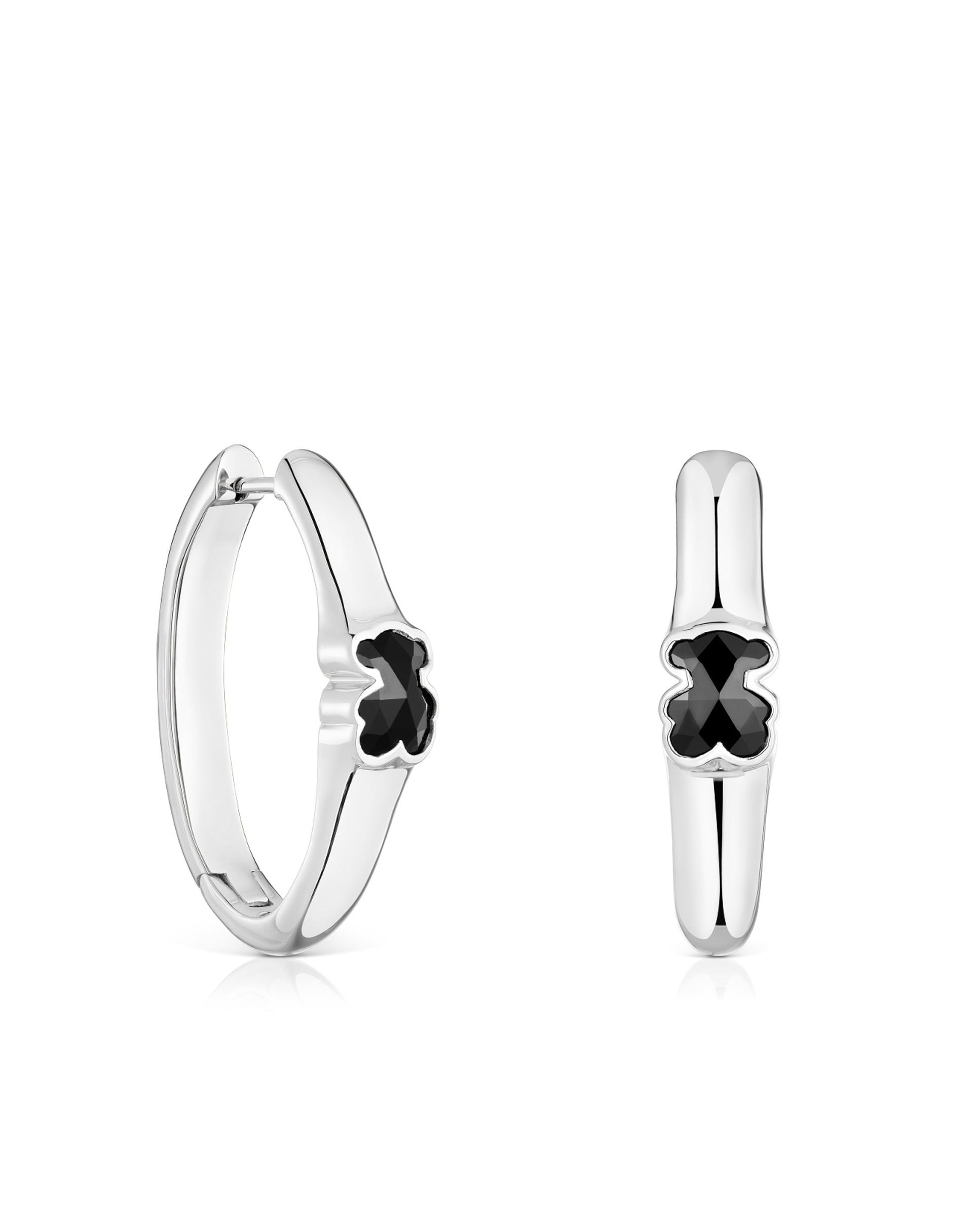 Brincos de Aro Icon Color Prateado e Urso em Onix 26 Mm Preto-1