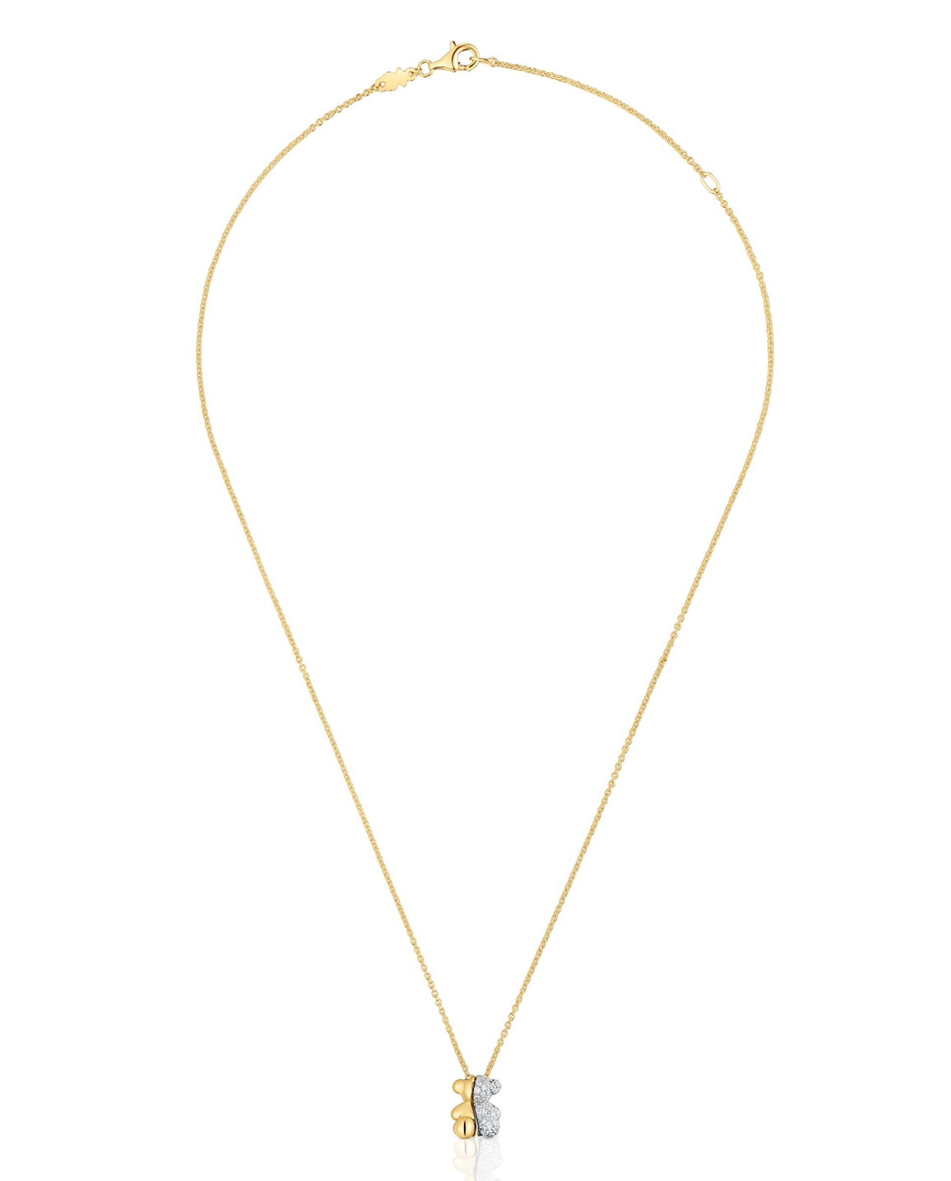 Colar Bold Bear Curto Duplo Urso Pequeno de Ouro e Ouro Branco com Diamantes Branco-1