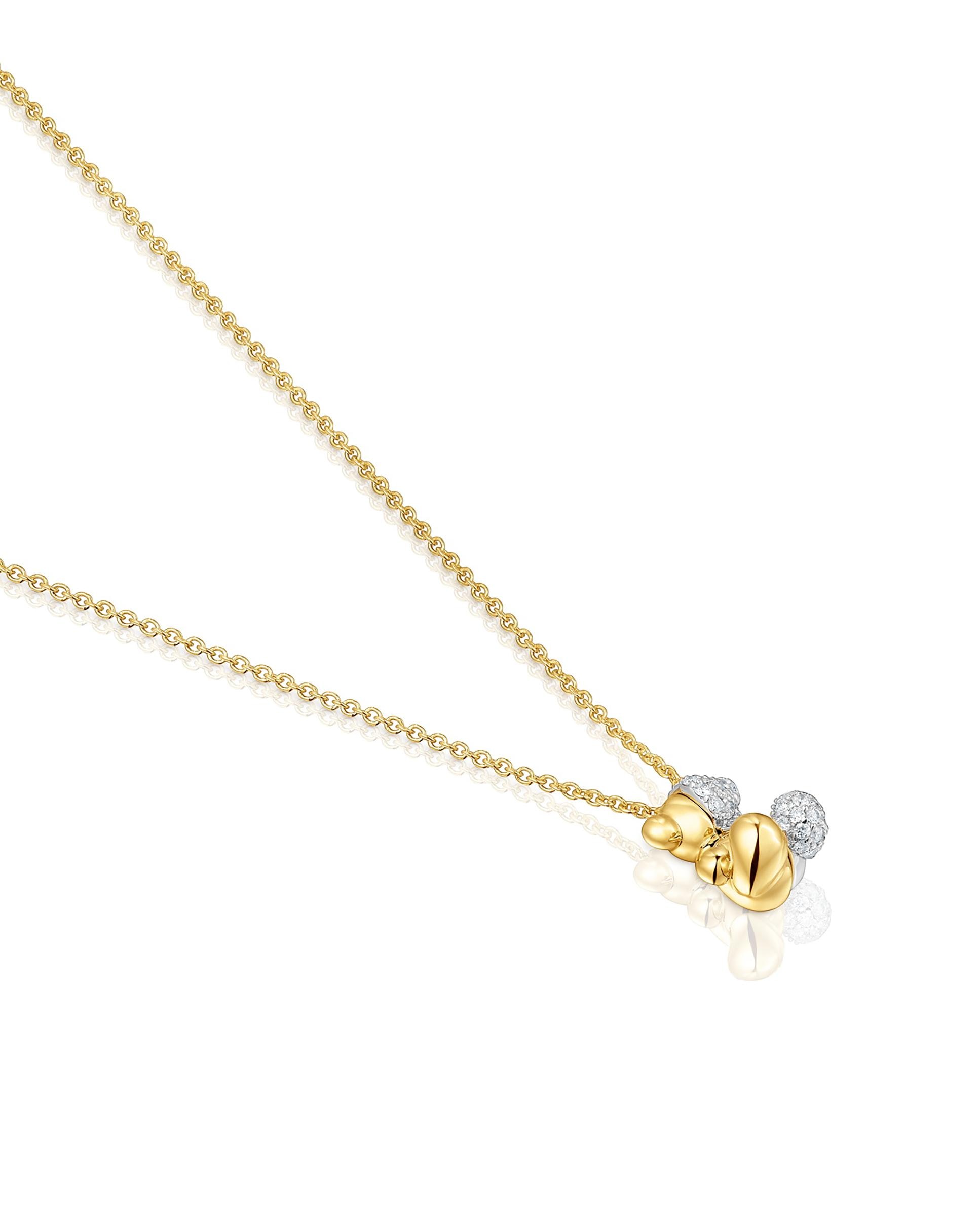 Colar Bold Bear Curto Duplo Urso Pequeno de Ouro e Ouro Branco com Diamantes Branco-2