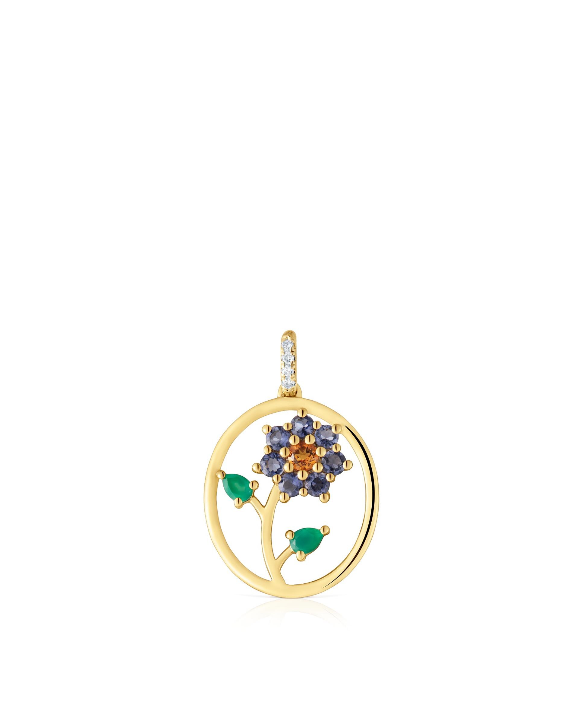 Pendente Daisy Medalha de Ouro com Gemas e Diamantes Multicolor-1