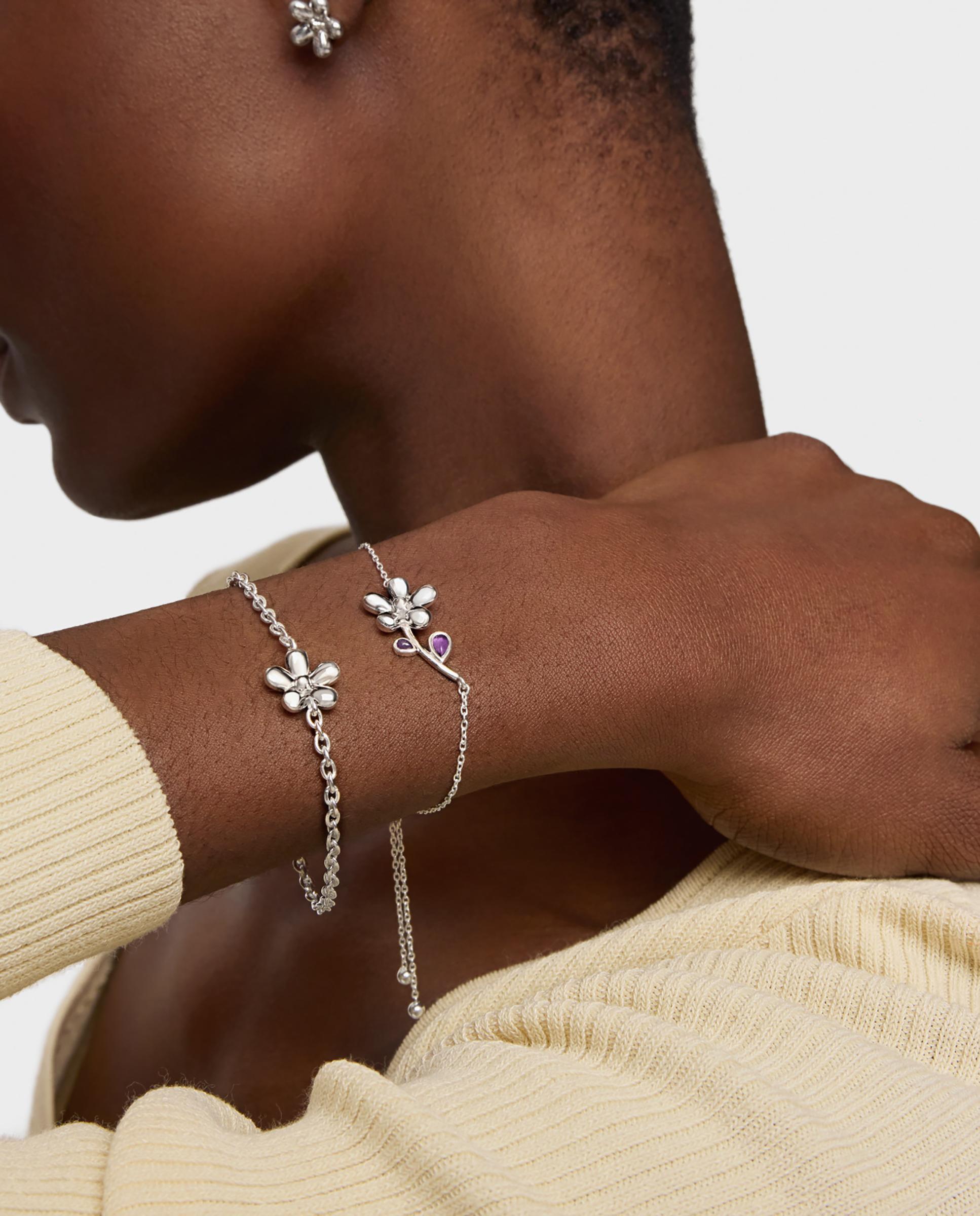 Pulseira de Corrente Daisy de Prata e Ametista Roxo-5