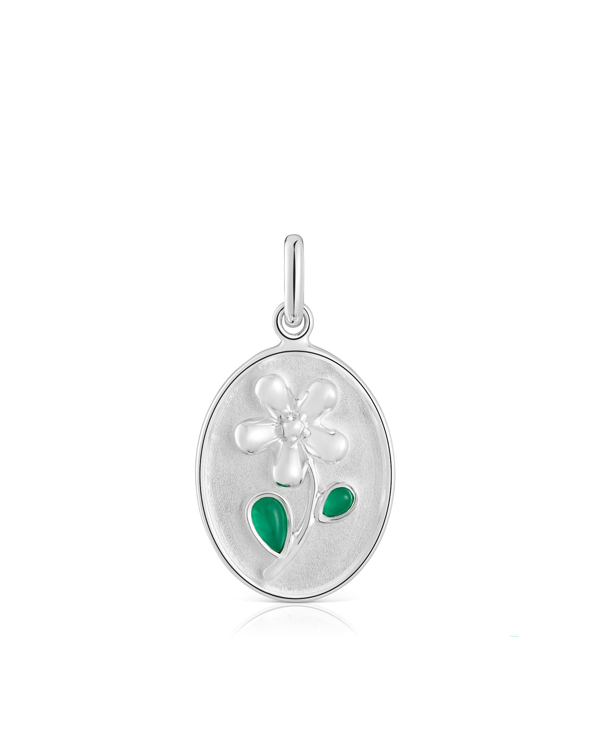 Pendentes Medalha Daisy de Prata e Calcedónia em Verde Verde-1