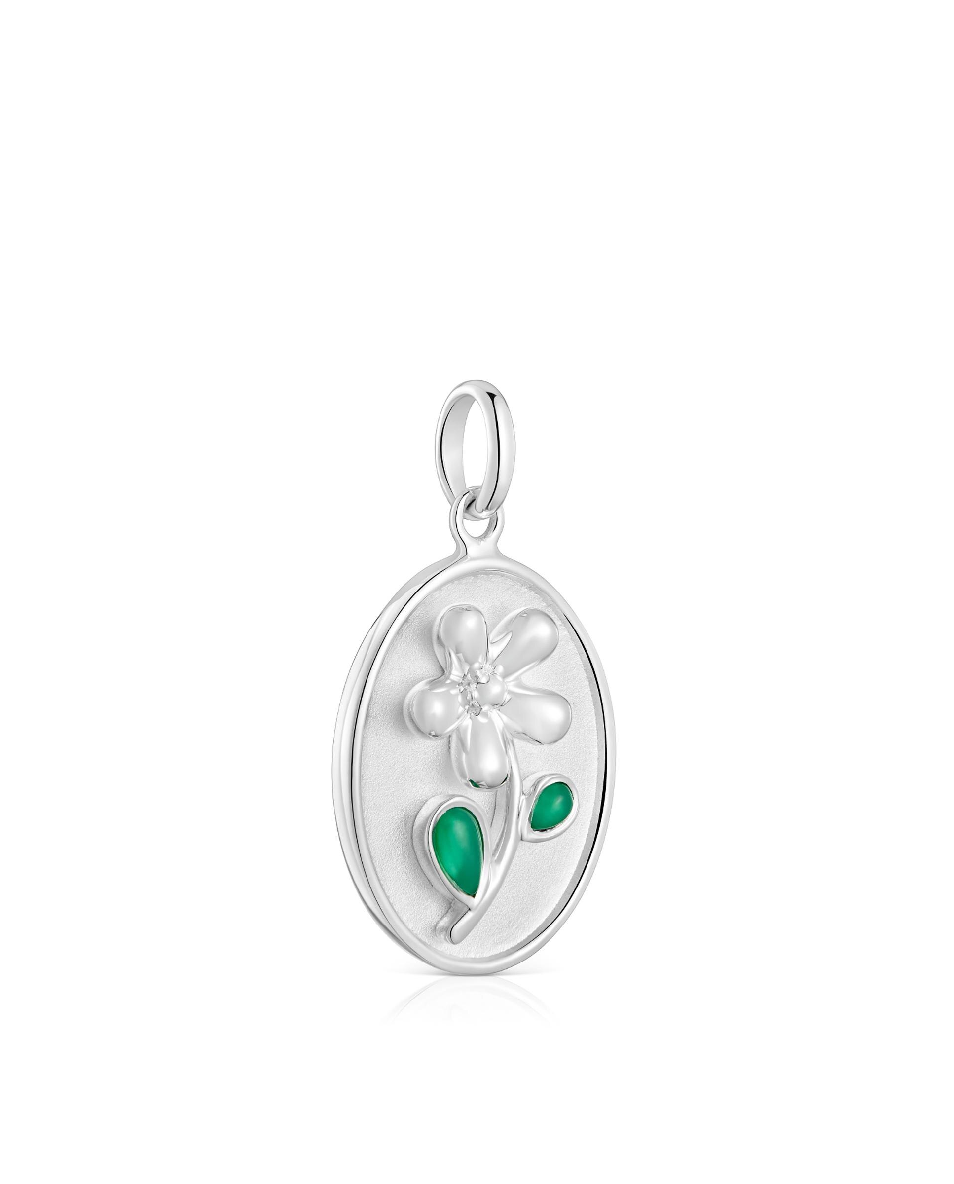 Pendentes Medalha Daisy de Prata e Calcedónia em Verde Verde-2