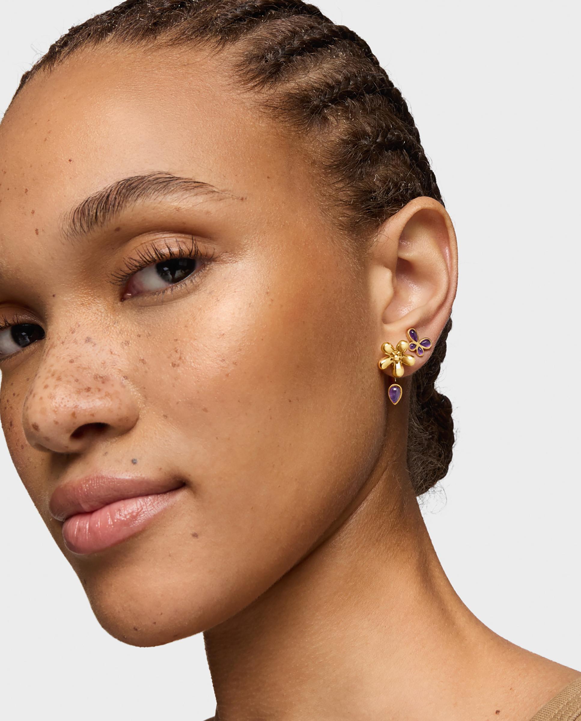 Brincos de Gota Daisy Flor Banhados a Ouro de 18 Kt Sobre Prata e Ametista Roxo-4