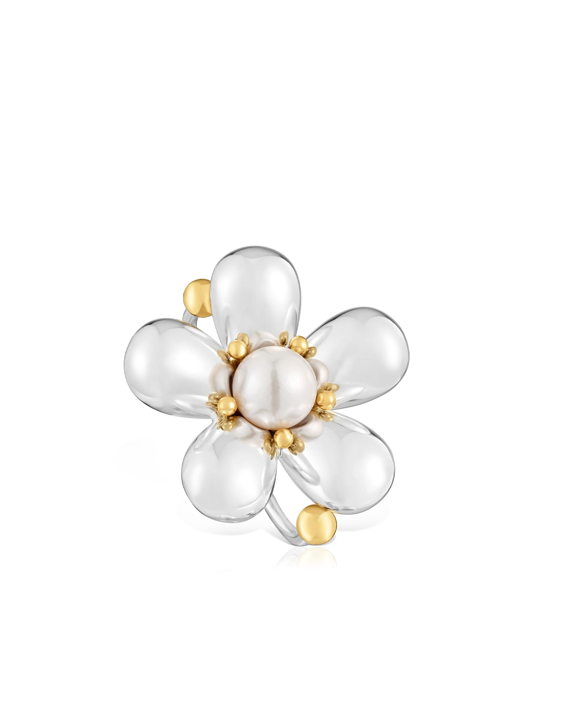 Anel Duplo Daisy Bicolor com Pérola Branco-1