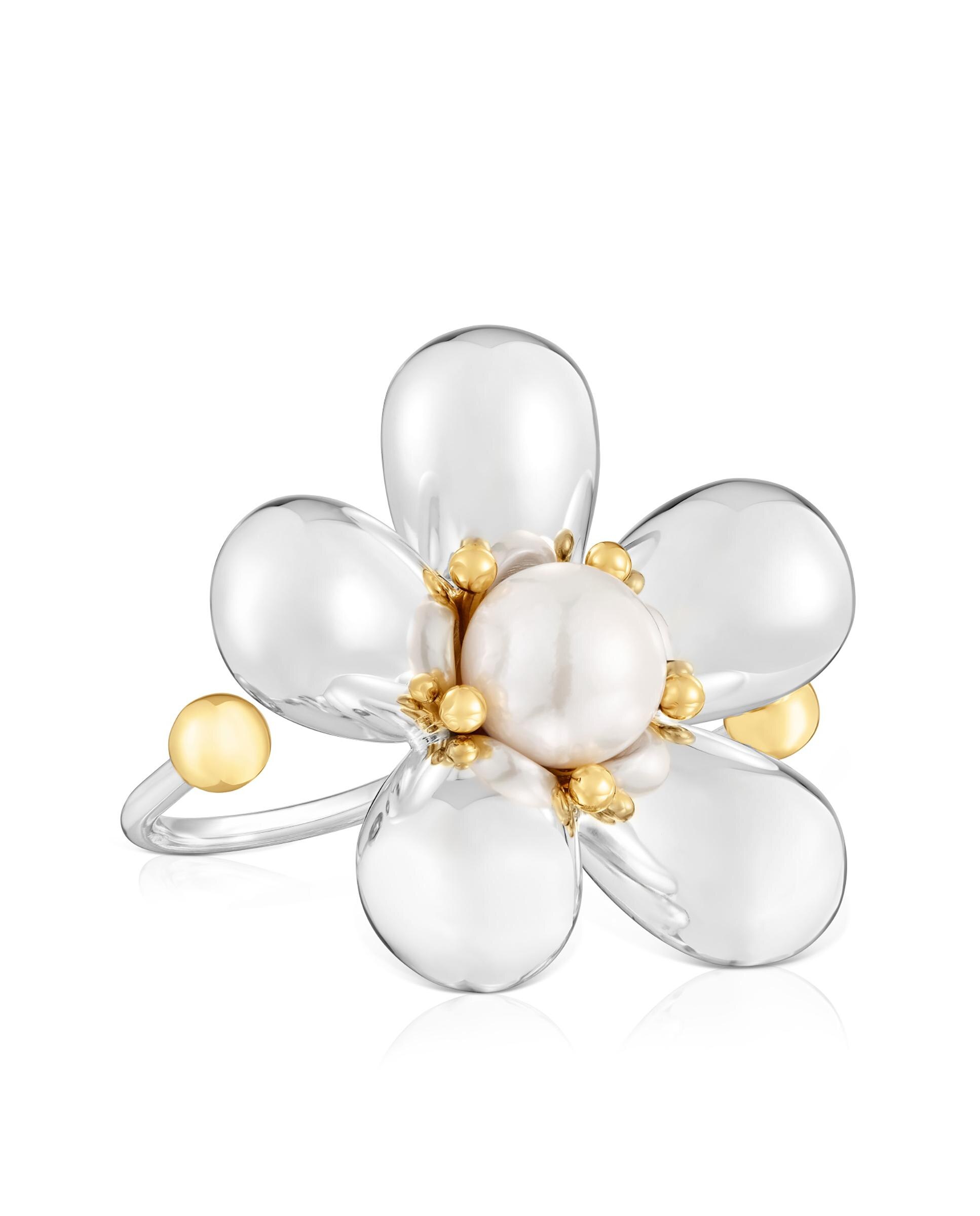 Anel Duplo Daisy Bicolor com Pérola Branco-2