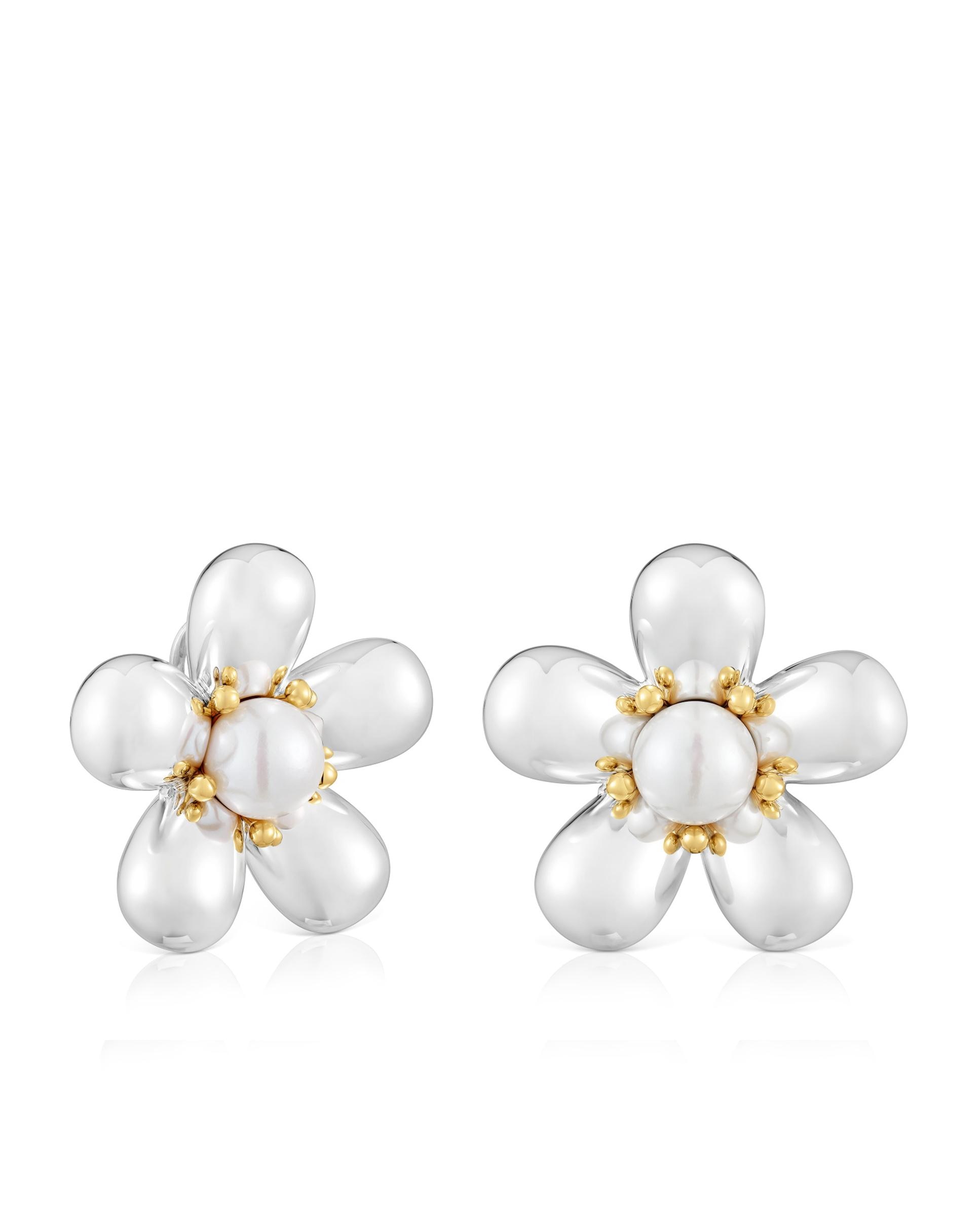 Brincos Flor Bicolor e Pérolas Cultivadas 36 Mm Daisy Branco-1
