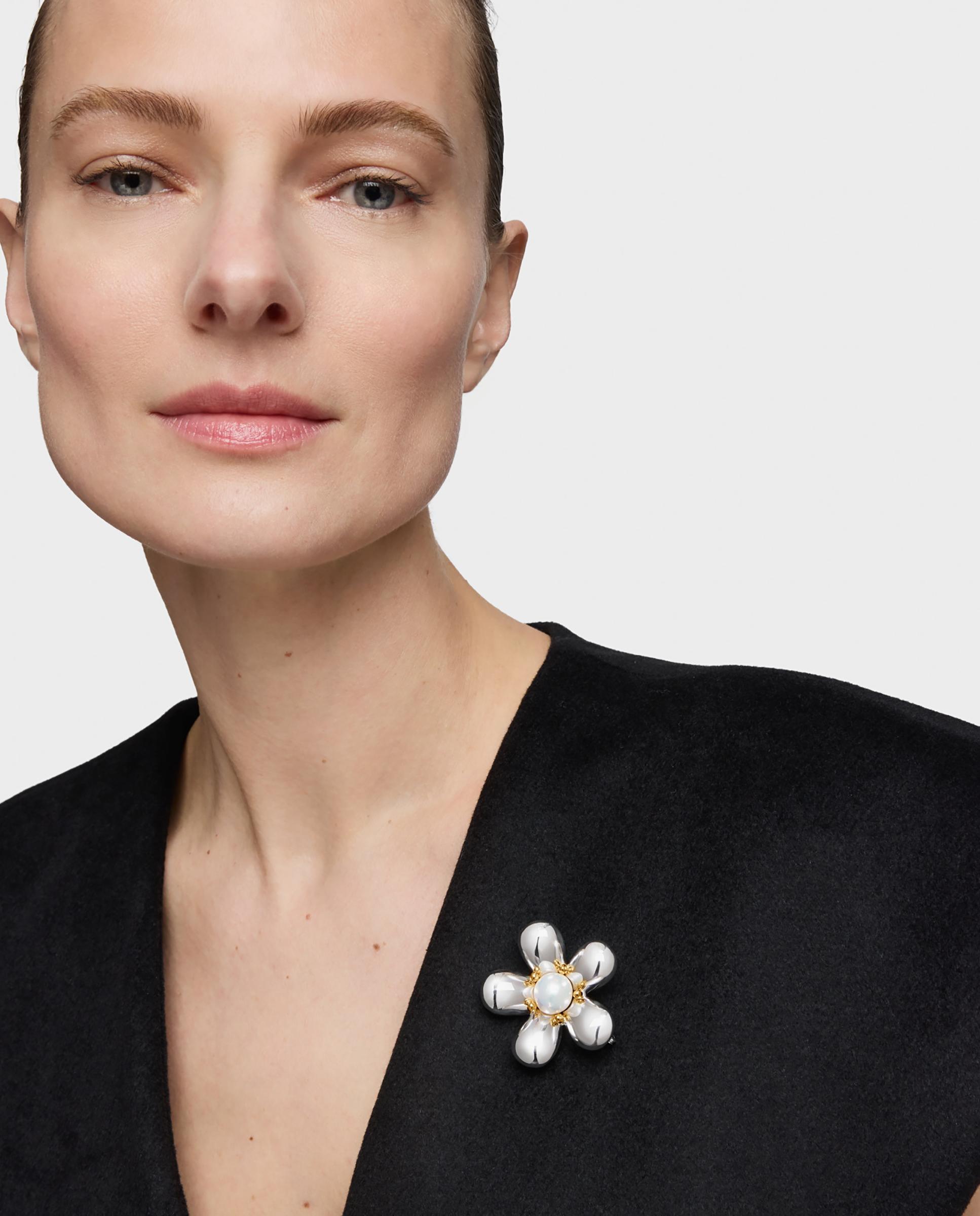 Broche Daisy Flor Bicolor e Pérola de 44 Mm Branco-4
