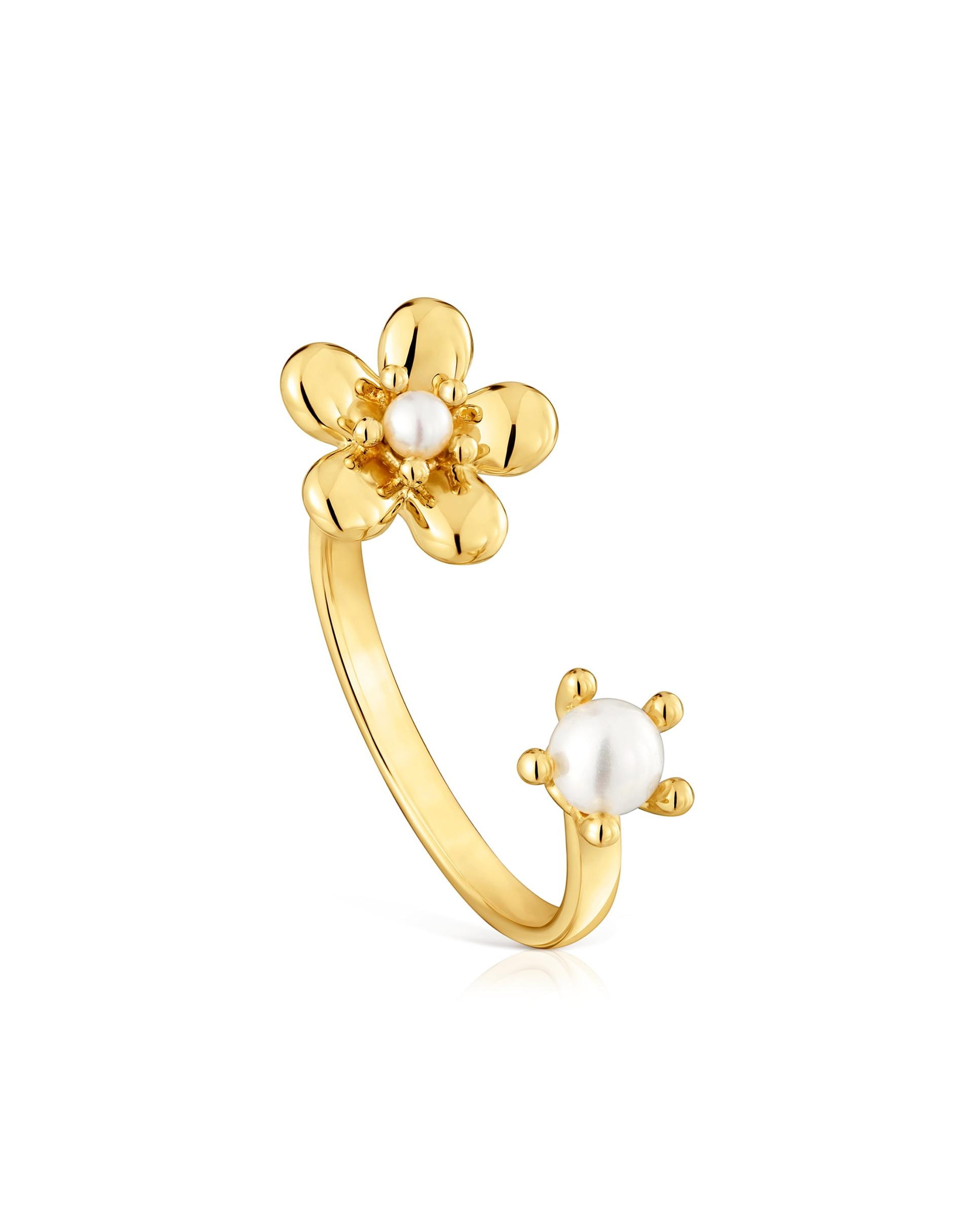 Anel com Pedras Aberto Daisy de Ouro e Pérola Branco-1