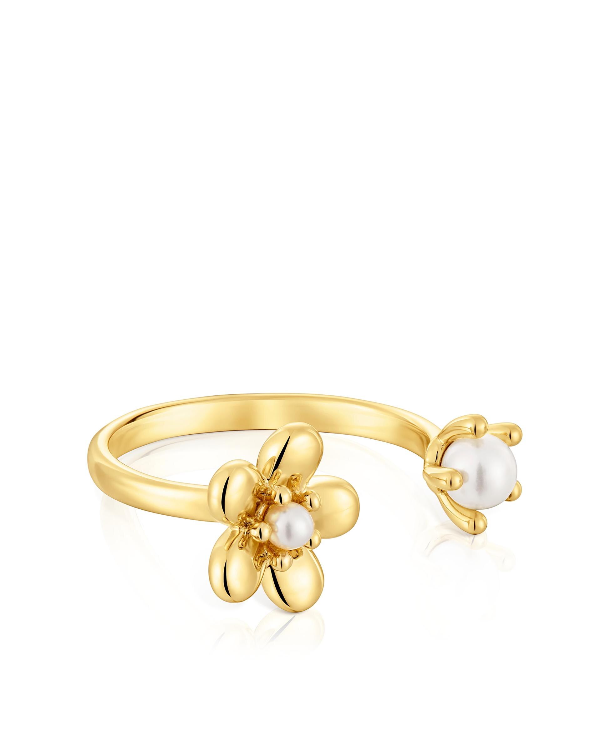 Anel com Pedras Aberto Daisy de Ouro e Pérola Branco-2