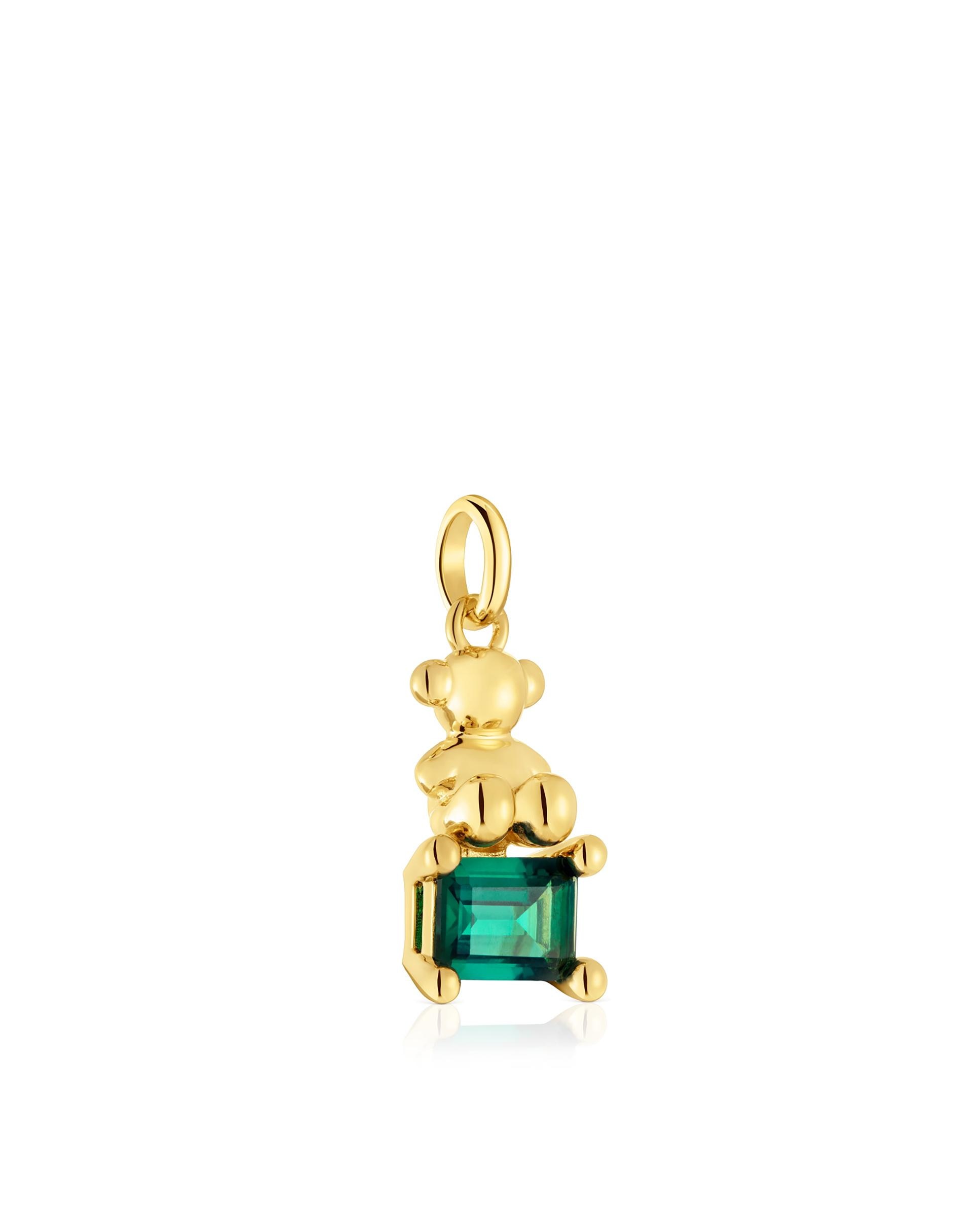 Pendiente Bold Bear Lgg Pequeno com Urso Banhado em Ouro 18 Kt Sobre Prata e Esmeralda Criada em Laboratório Verde-2