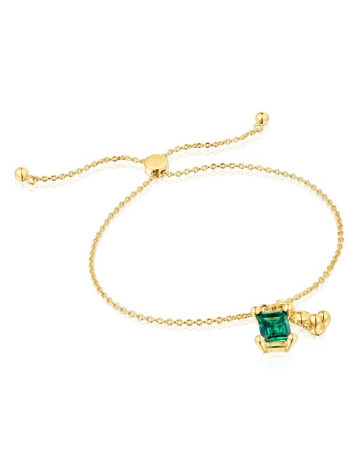 Imagem 0 de Pulseira Bold Bear Lgg Corrente com Urso Banhado em Ouro 18 Kt Sobre Prata e Esmeralda Criada em Laboratório