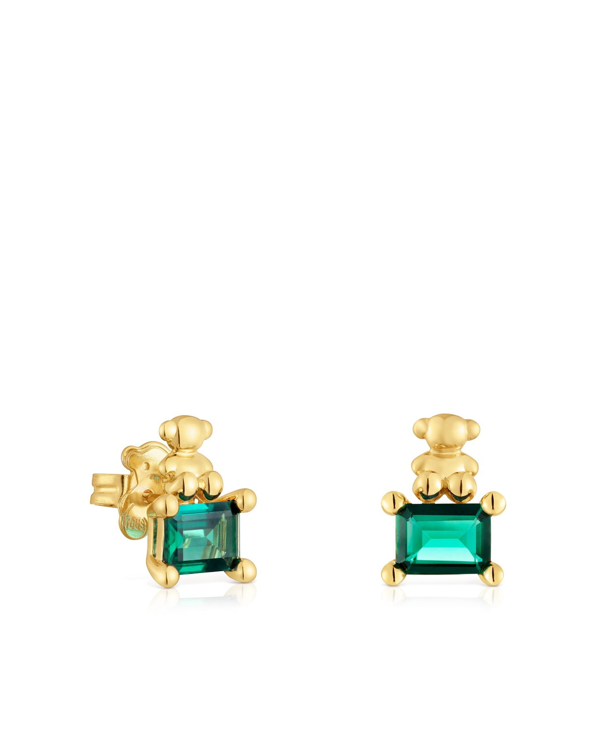 Brincos Bold Bear Lgg com Urso Banhado a Ouro 18 Kt Sobre Prata e Esmeralda Criada em Laboratório Verde-1