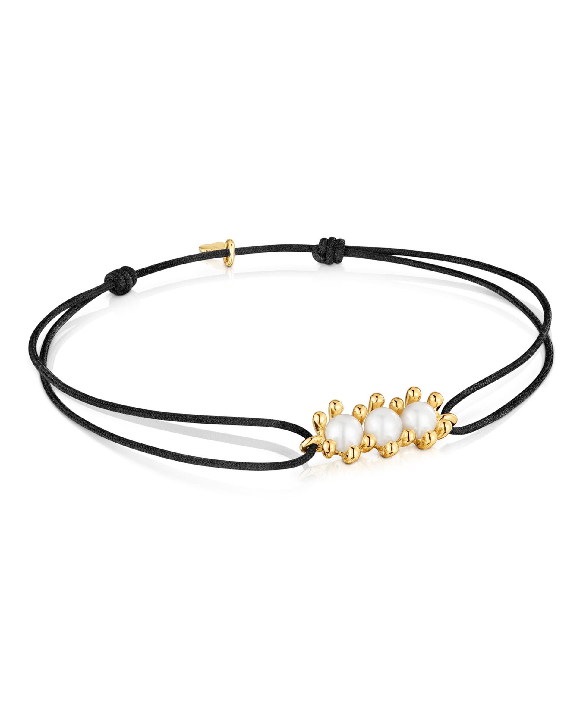 Pulseira de Cordão Daisy de Ouro com Pérolas e Nylon em Preto Branco-1