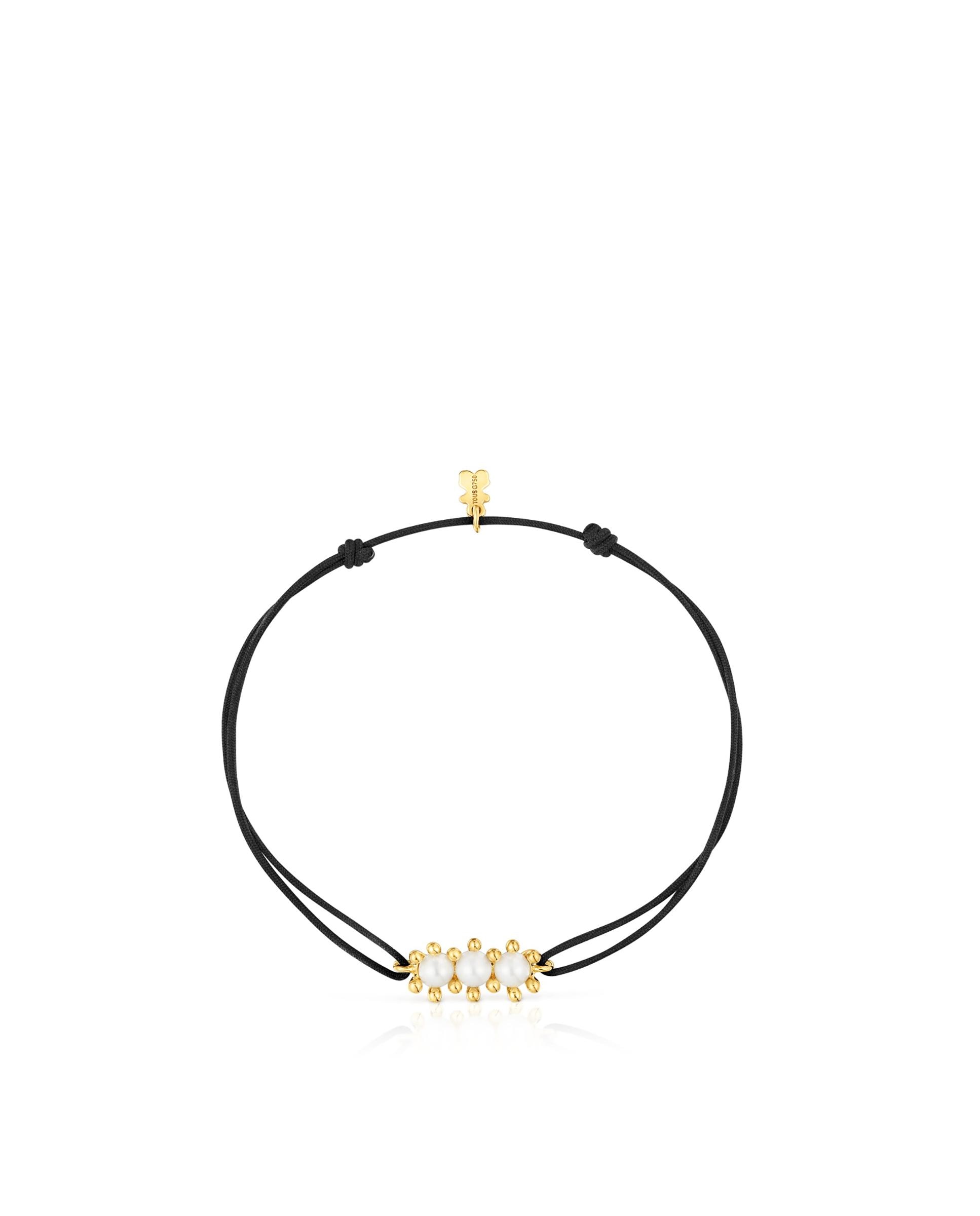 Pulseira de Cordão Daisy de Ouro com Pérolas e Nylon em Preto Branco-2
