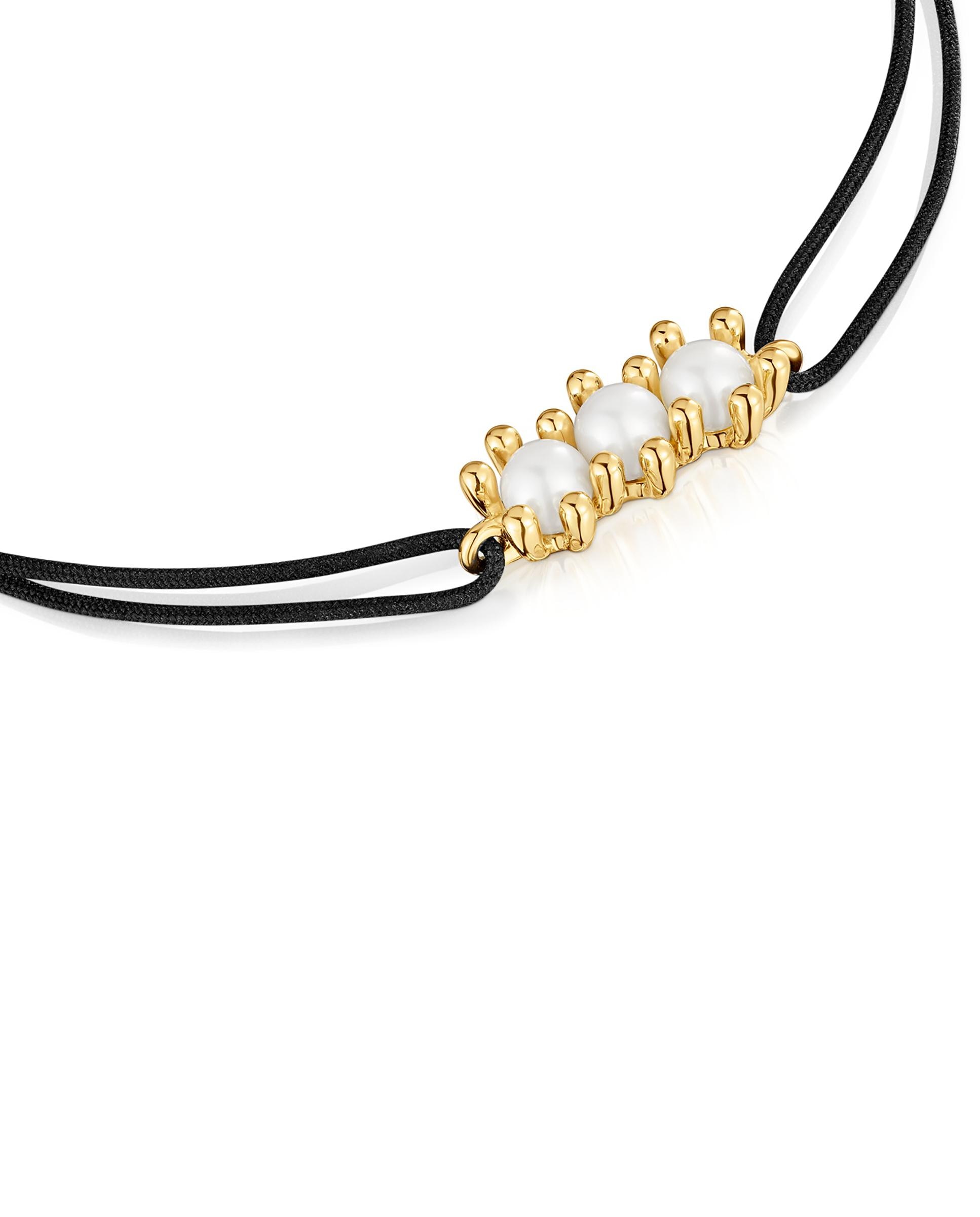 Pulseira de Cordão Daisy de Ouro com Pérolas e Nylon em Preto Branco-3
