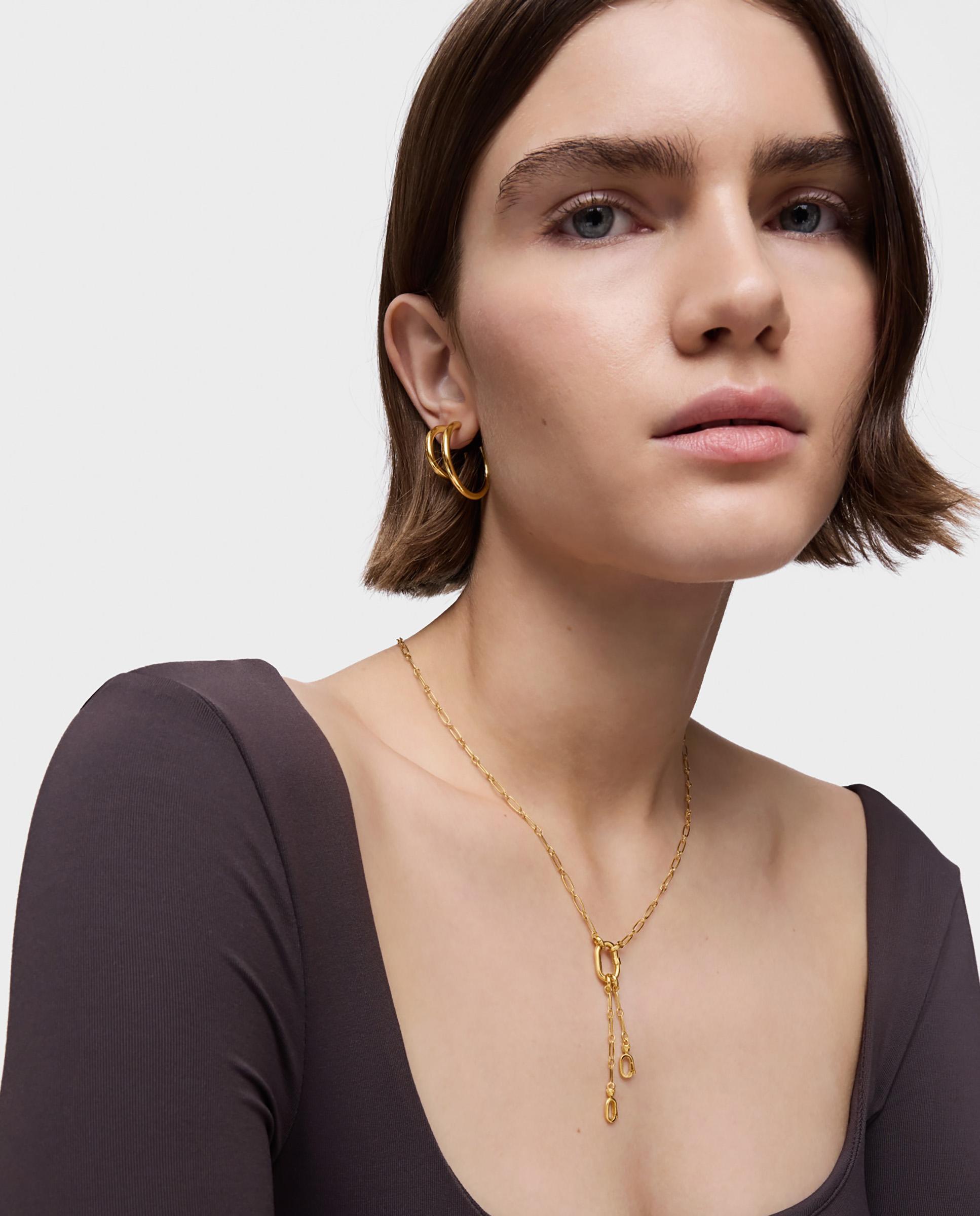 Colar Hold Oval Curto Banhado em Ouro 18 Kt Sobre Prata com Duplo Pendente e Argola Dourado-3
