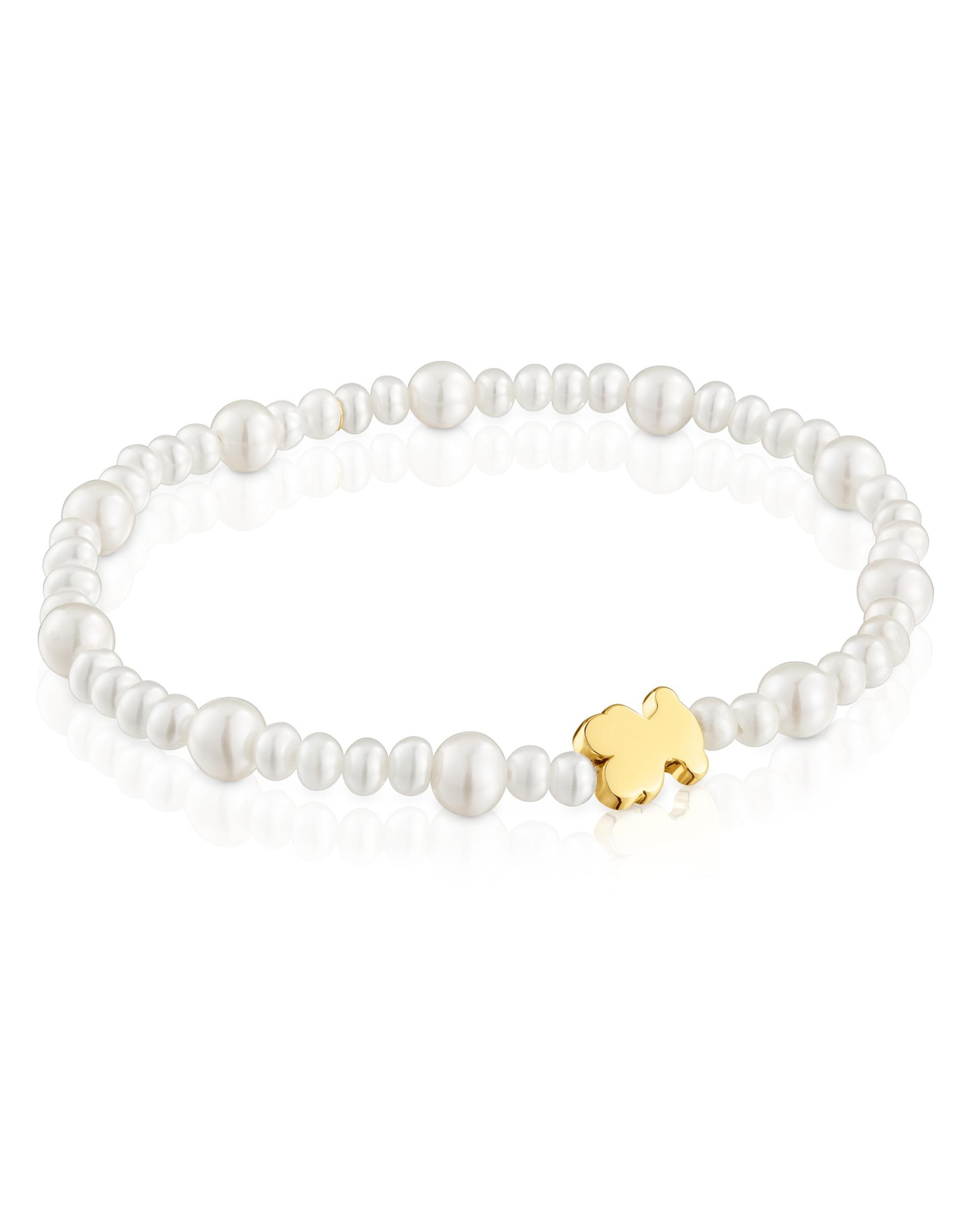 Pulseira Sweet Dolls Elástica com Pérolas e Urso de Ouro Branco-1