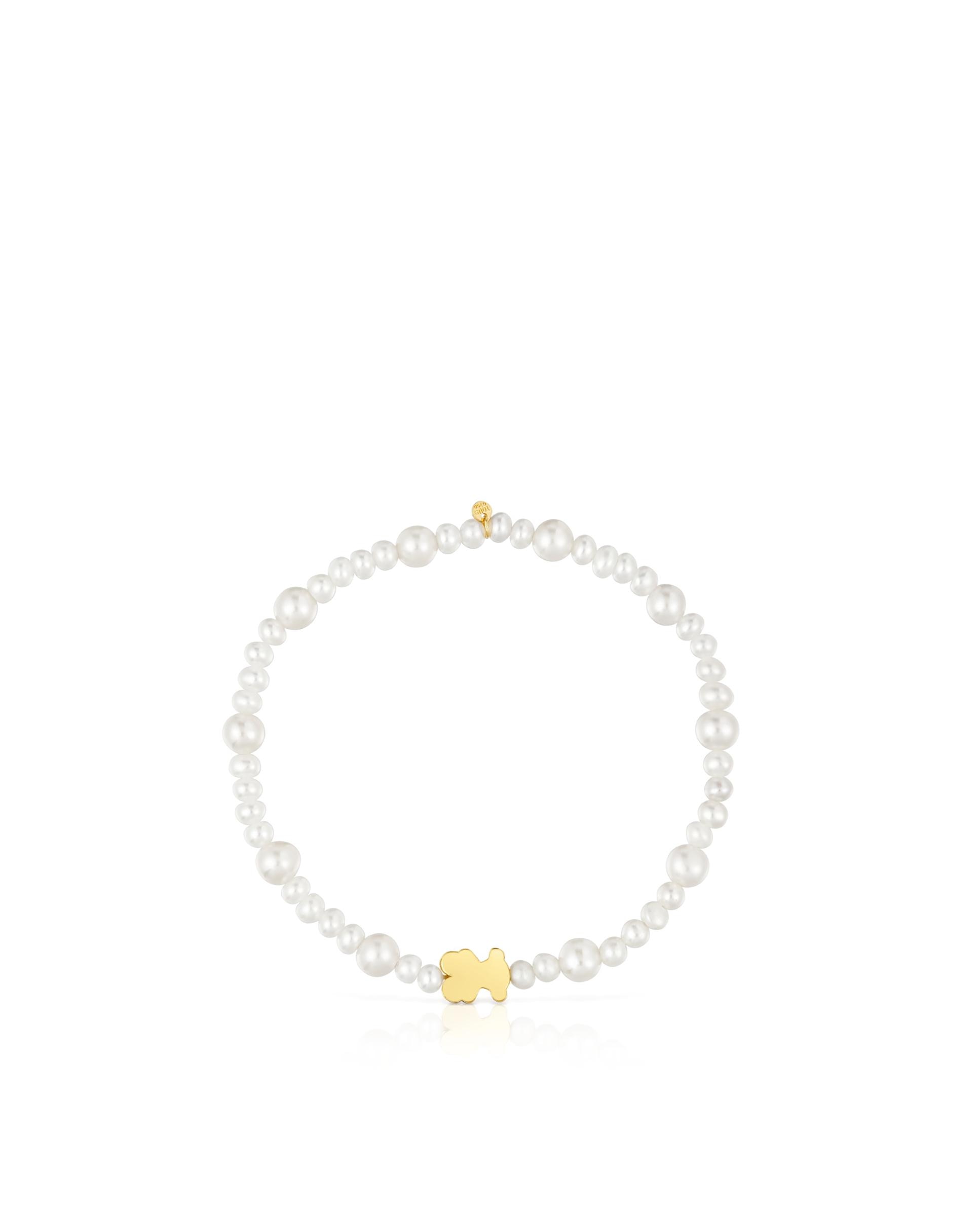 Pulseira Sweet Dolls Elástica com Pérolas e Urso de Ouro Branco-2