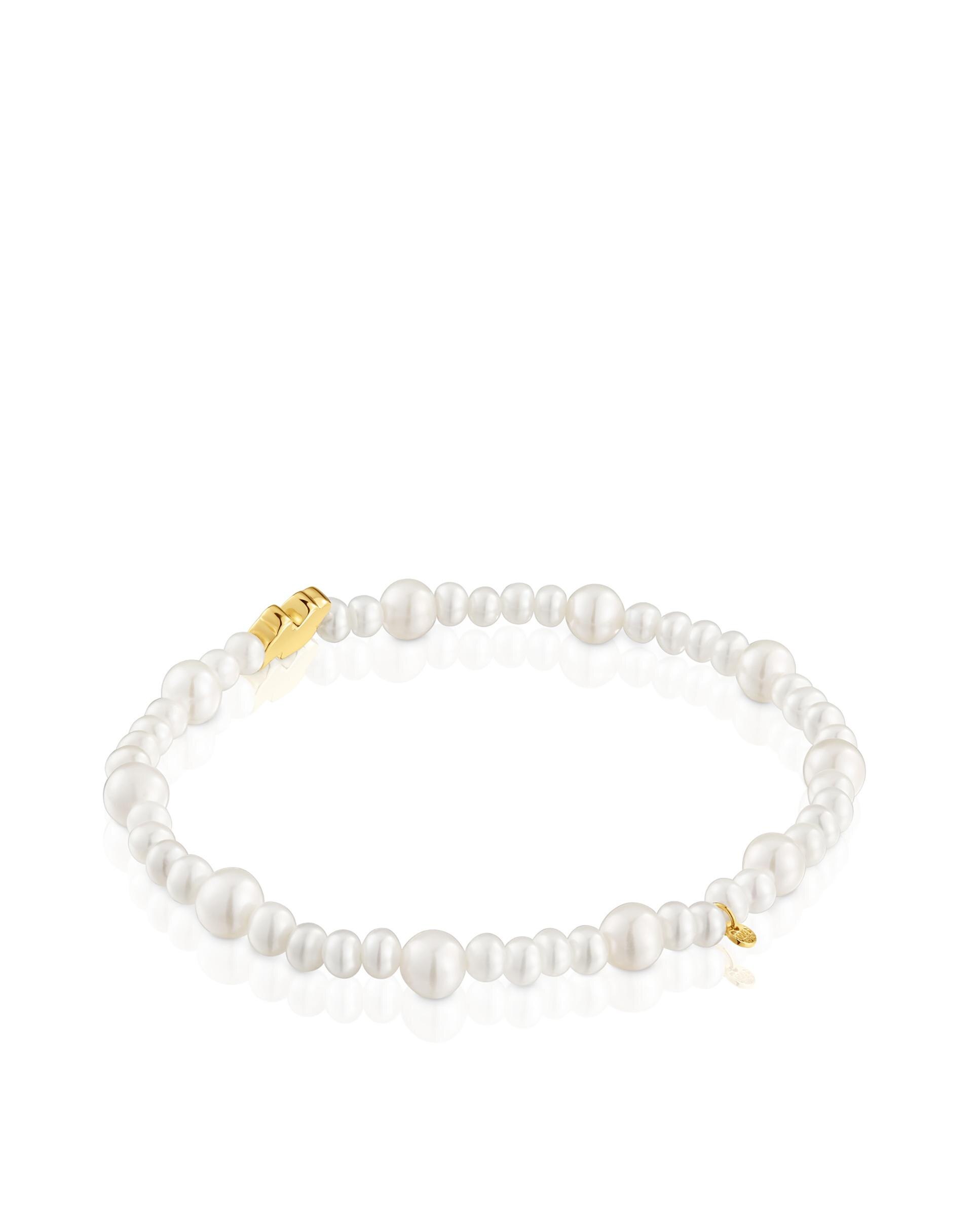Pulseira Sweet Dolls Elástica com Pérolas e Urso de Ouro Branco-3