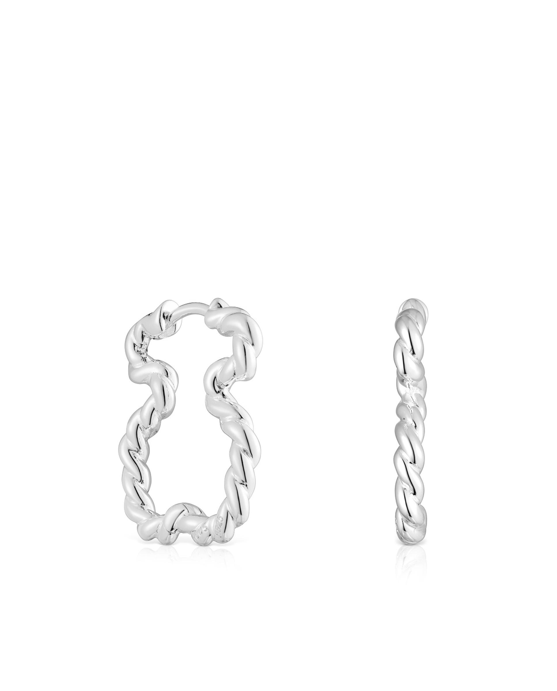 Brincos de Aro Twisted com Silhueta de Urso Prateado-1