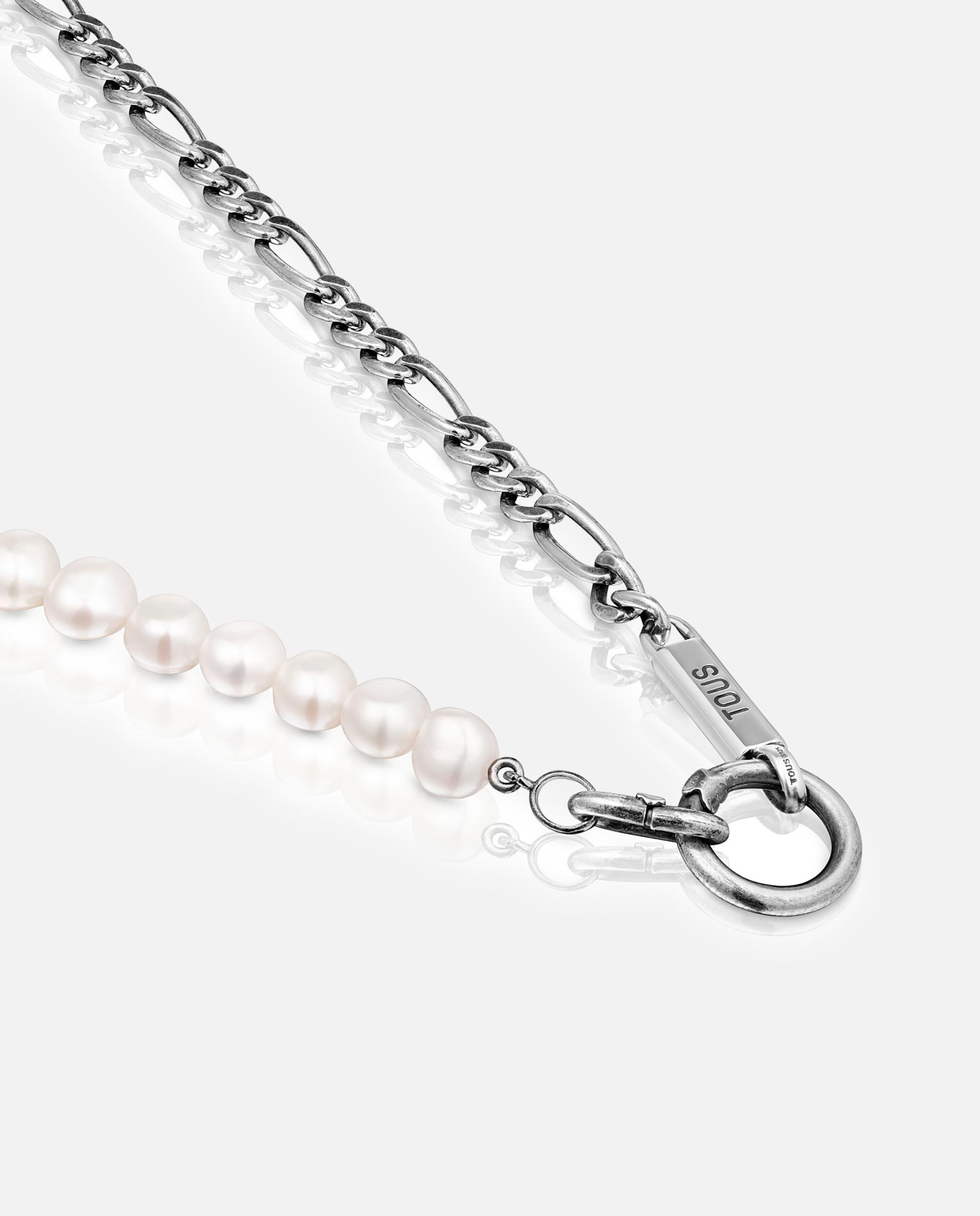 Colar Hold Man com Corrente Barbada de Prata e Pérolas Branco-2