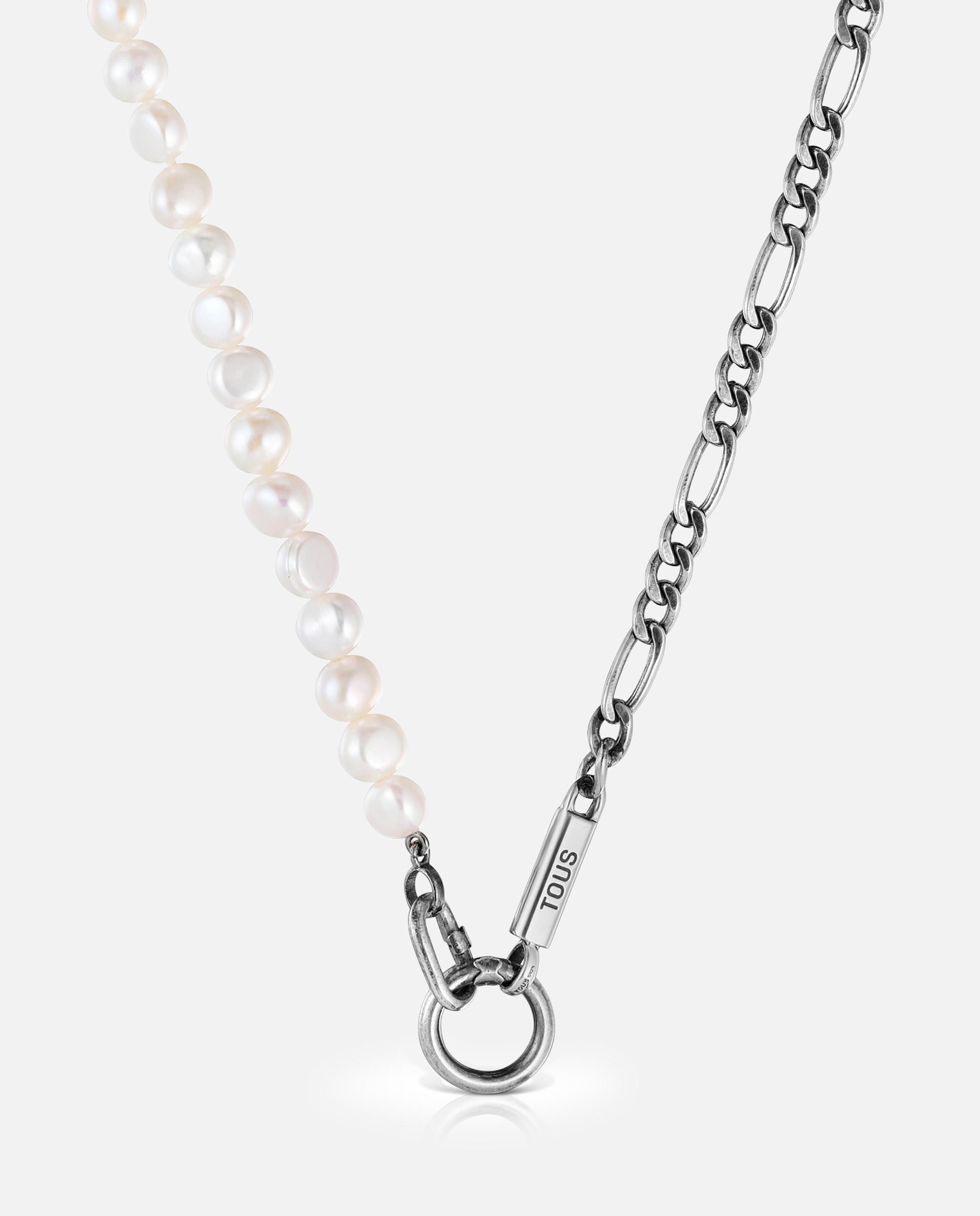 Colar Hold Man com Corrente Barbada de Prata e Pérolas Branco-5
