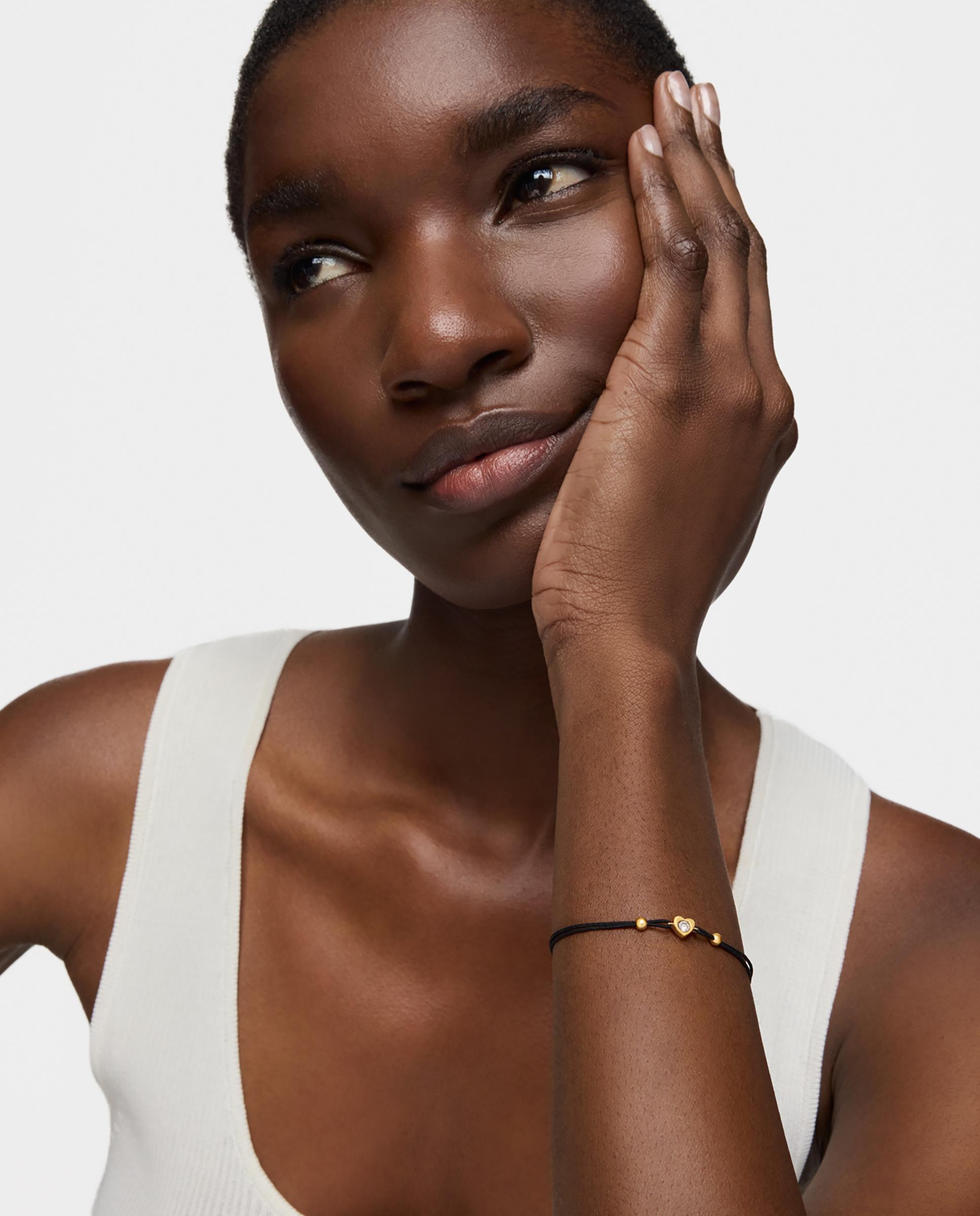 Pulseira Lili de Ouro com Diamante Criado em Laboratório e Nylon em Preto Branco-4