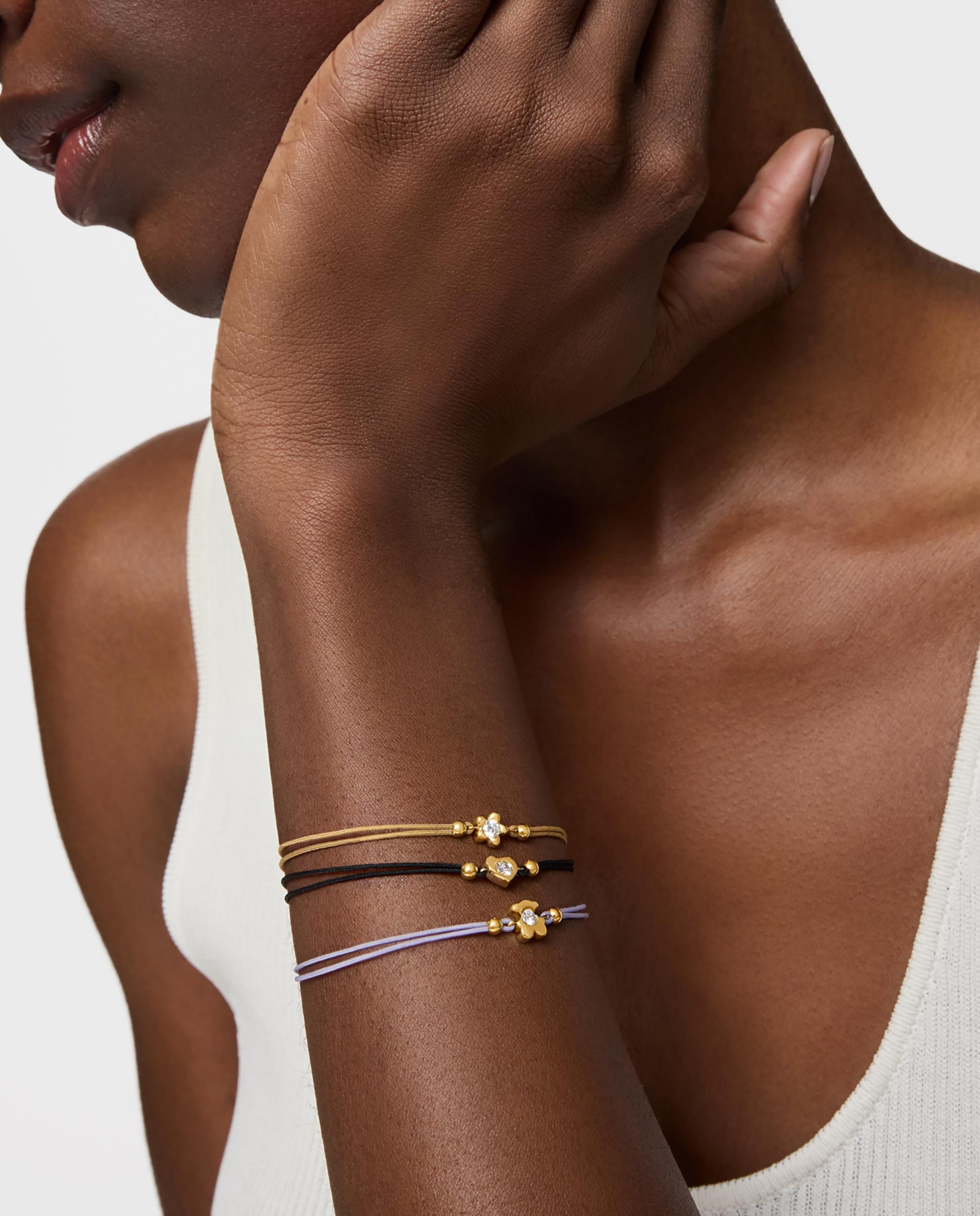 Pulseira Lili de Ouro com Diamante Criado em Laboratório e Nylon em Preto Branco-5