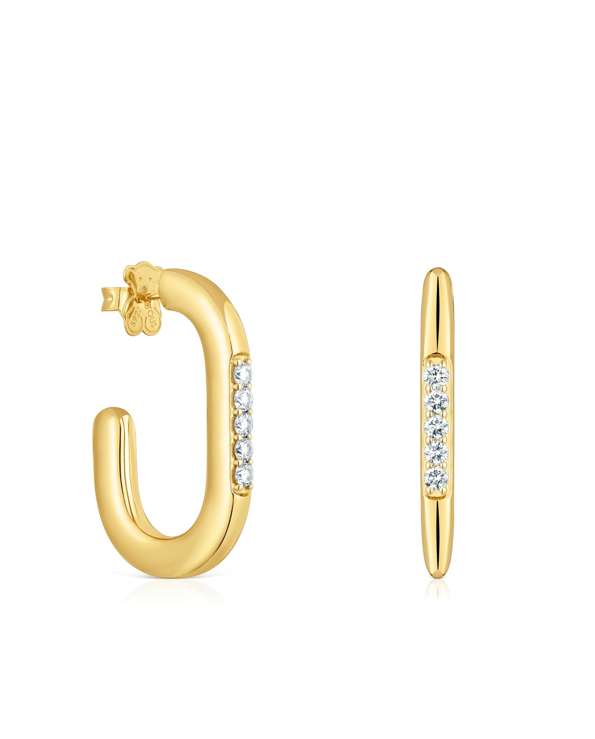 Brincos de Aro Line Banhados em 18 Kt Sobre Prata e Diamantes Criados em Laboratório 35 Mm Branco-1
