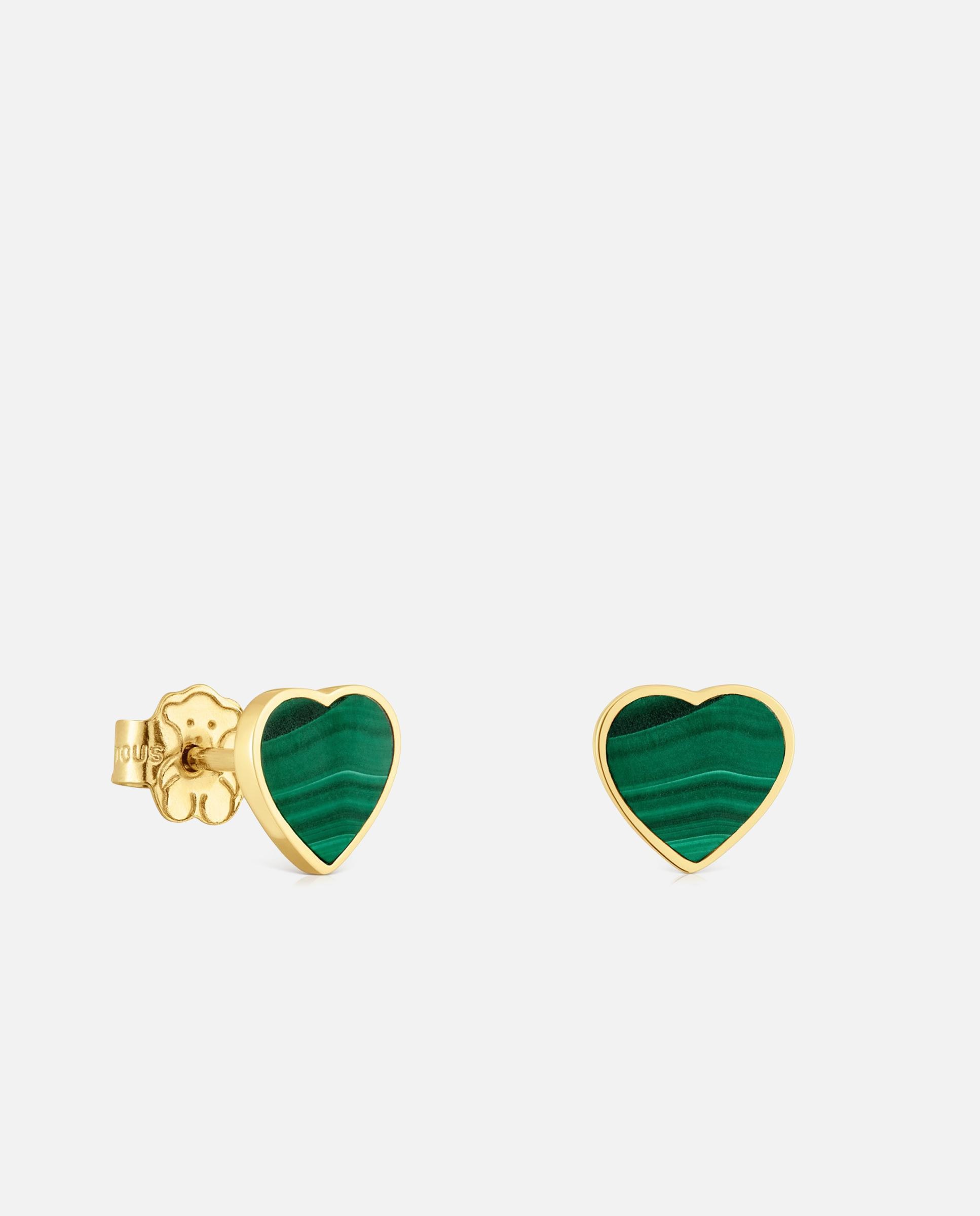 Brincos Coração de Ouro 14 Kt e Malaquita Verde-1