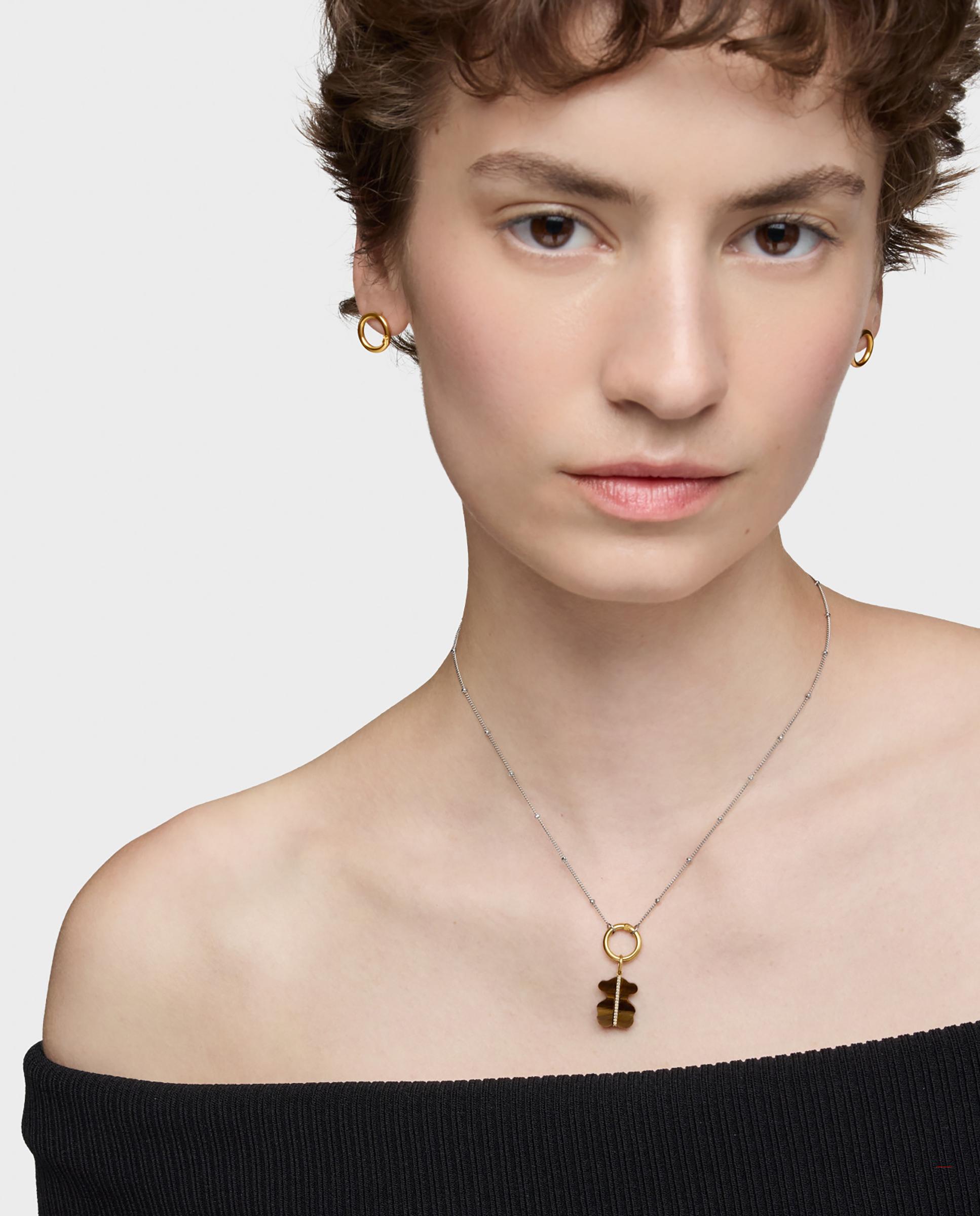 Pendente Sweet Dolls Urso com Diamantes, Olho de Tigre e Ouro 14 Kt Multicolor-4