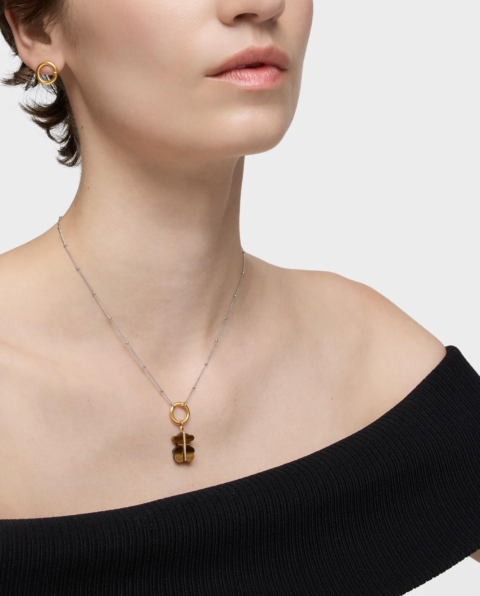 Pendente Sweet Dolls Urso com Diamantes, Olho de Tigre e Ouro 14 Kt Multicolor-5