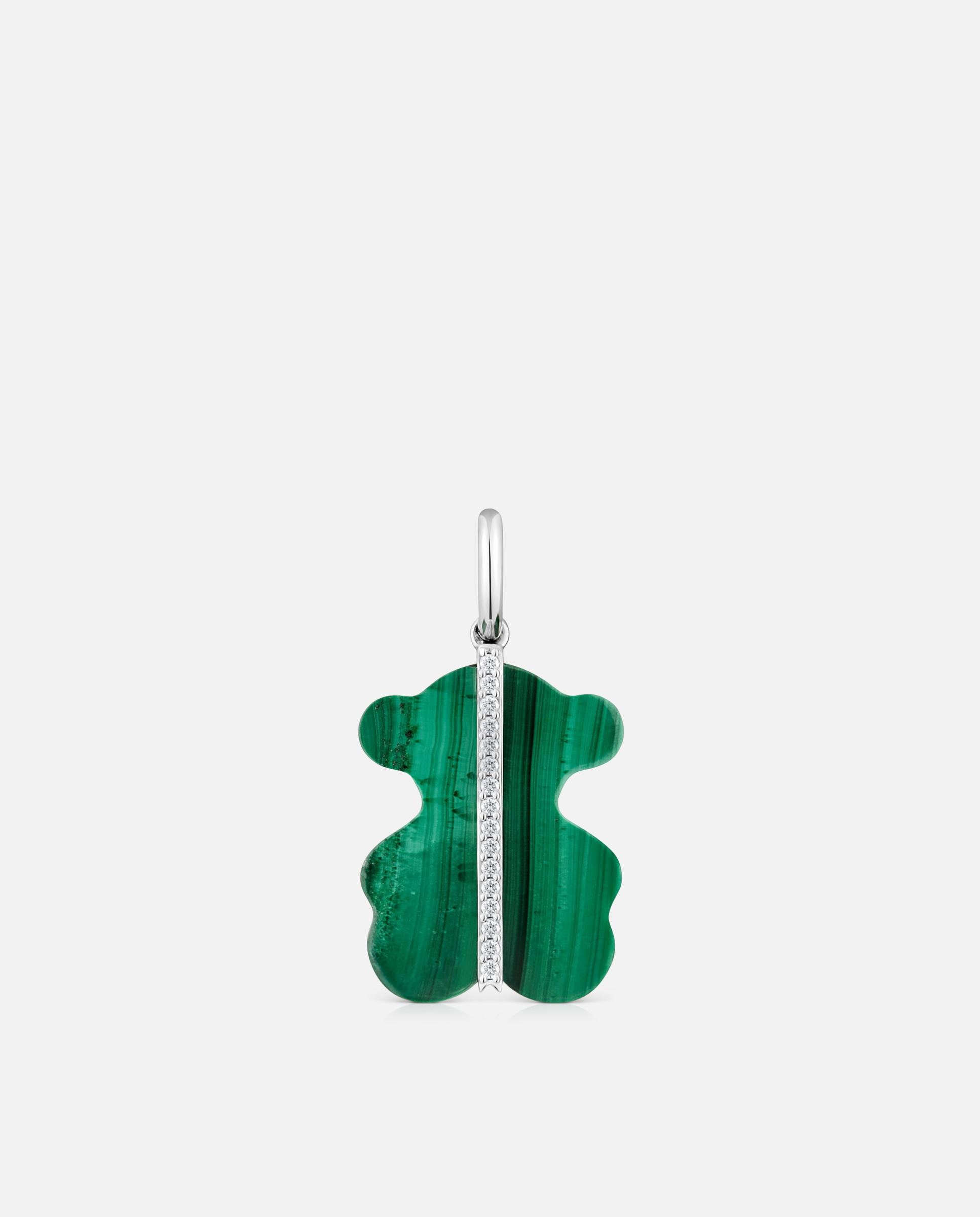 Pendente Sweet Dolls Urso com Diamantes, Malaquita e Ouro Branco 14 Kt Verde-1