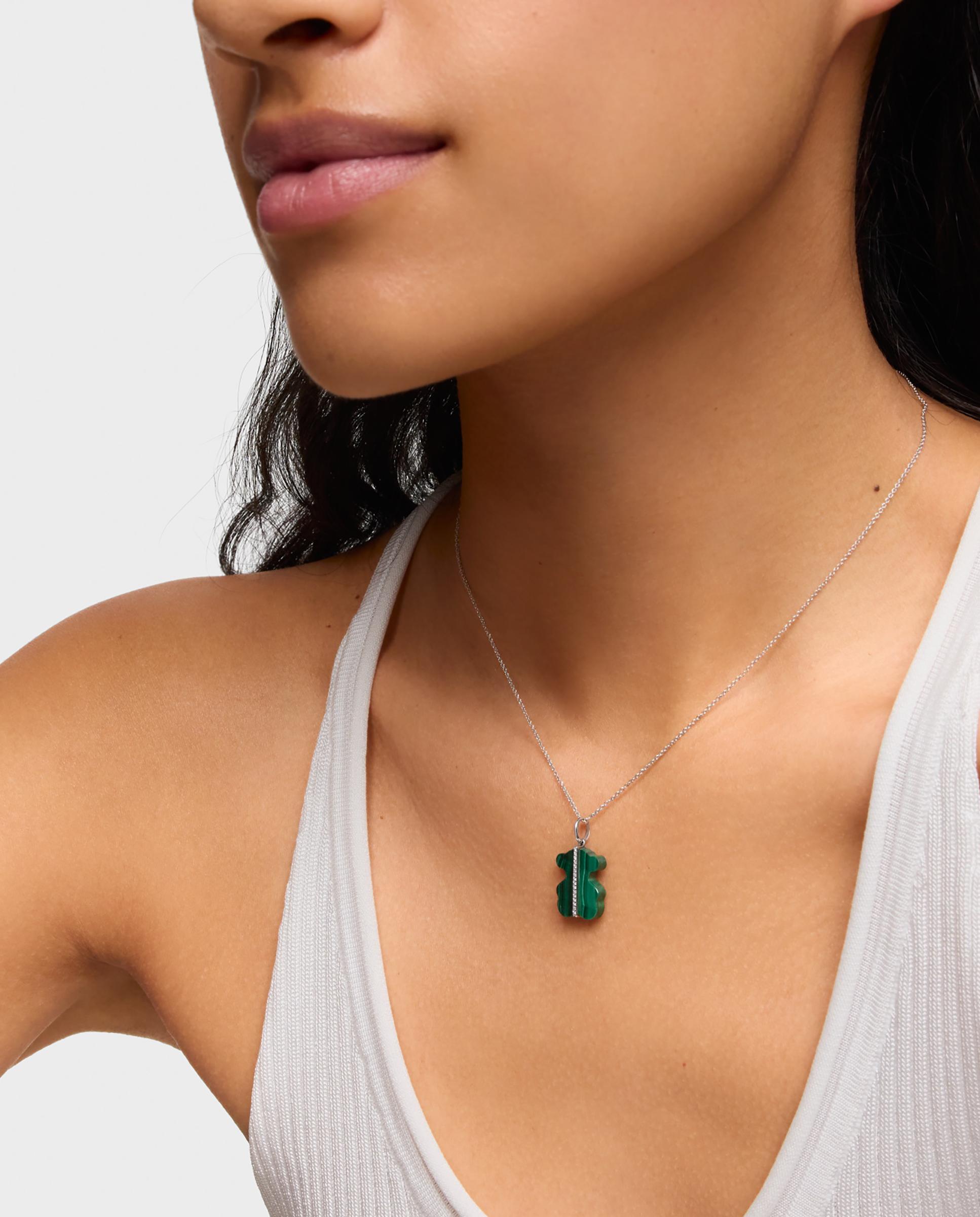 Pendente Sweet Dolls Urso com Diamantes, Malaquita e Ouro Branco 14 Kt Verde-5