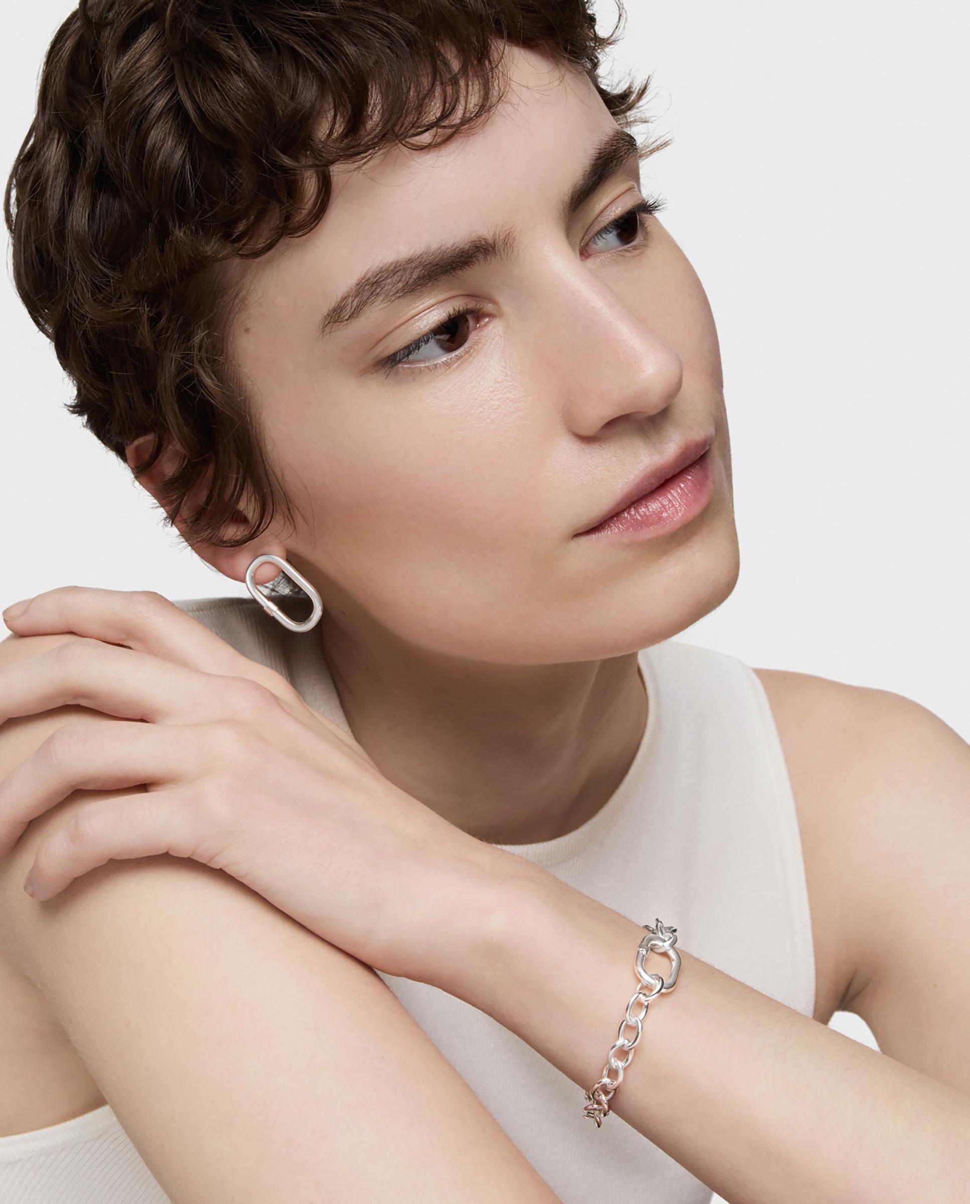 Pulseira de Corrente Hold Oval de Prata e Argola Prateado-4