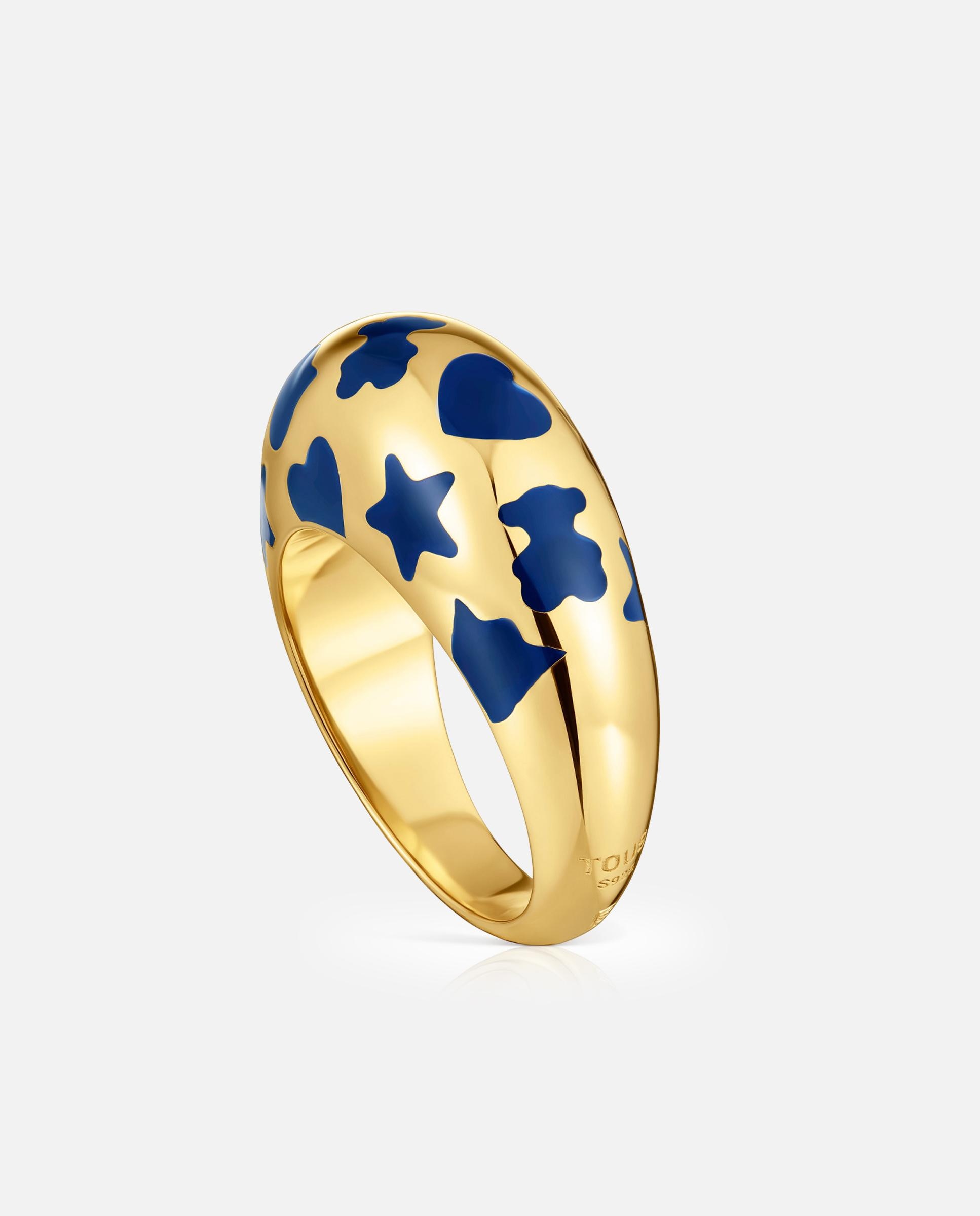 Anel Warm Banhado a Ouro 18 Kt Sobre Prata e Motivos em Azul Dourado-1