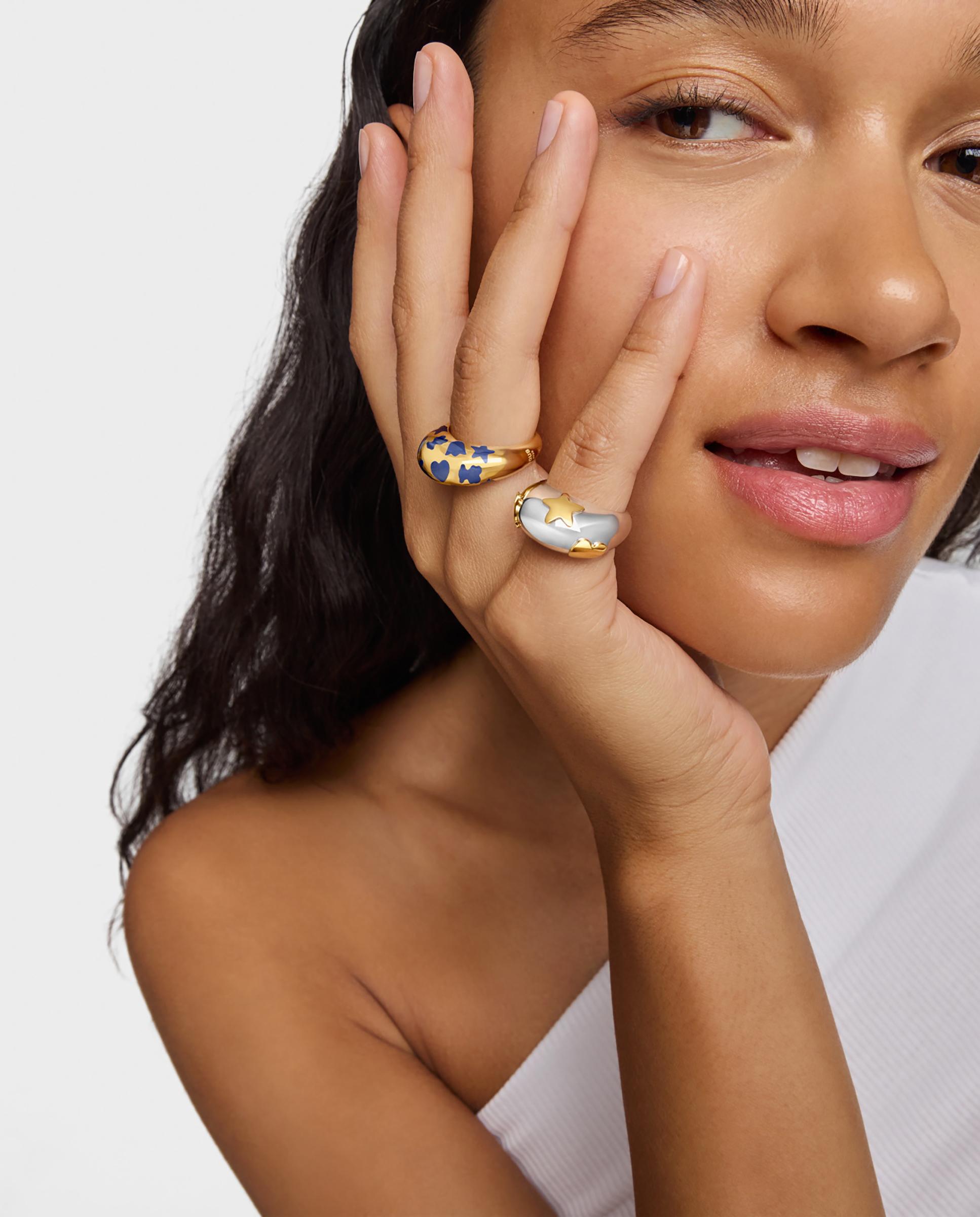 Anel Warm Banhado a Ouro 18 Kt Sobre Prata e Motivos em Azul Dourado-5